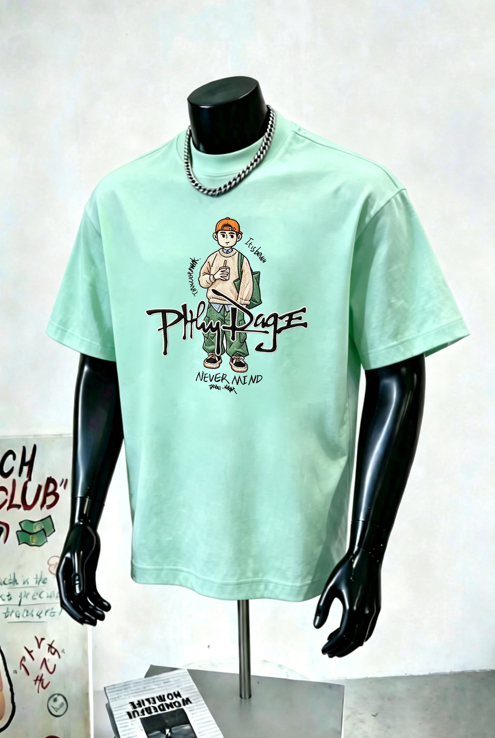 Teal Graphic Round Neck Loose Fit T-Shirt