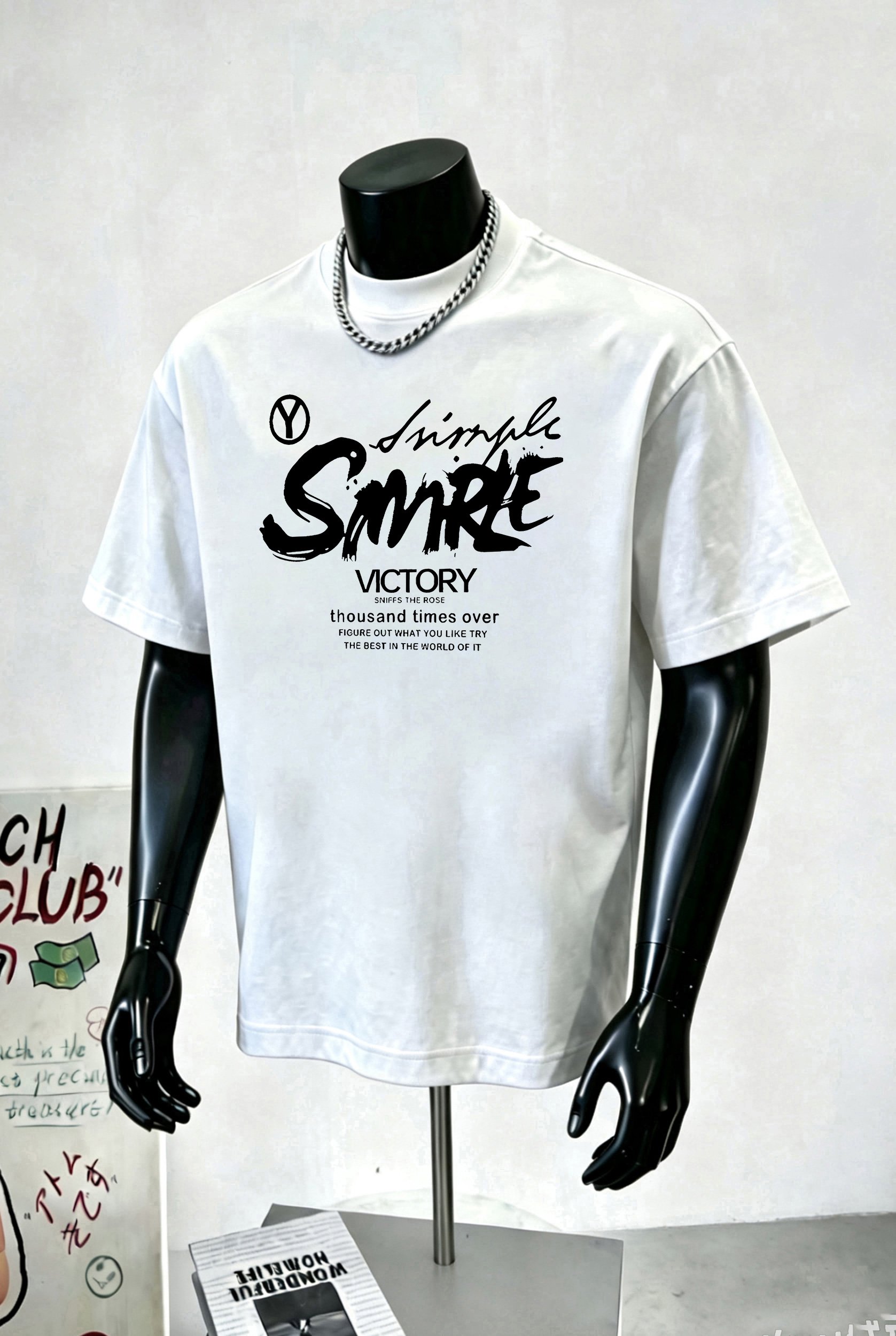 White Graphic Round Neck Loose Fit T-Shirt
