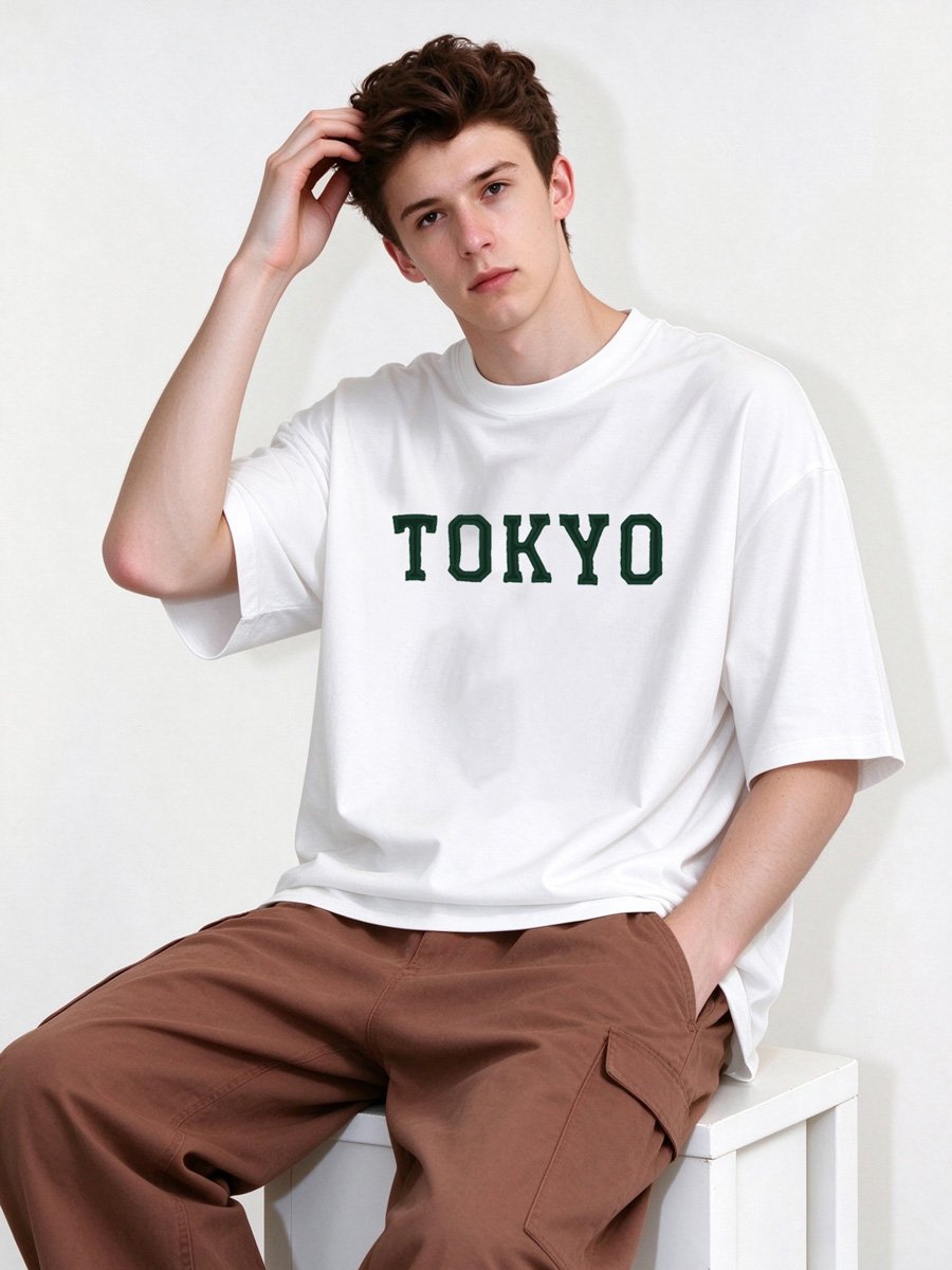 Men White Knitted Casual T-Shirt with TOKYO Print