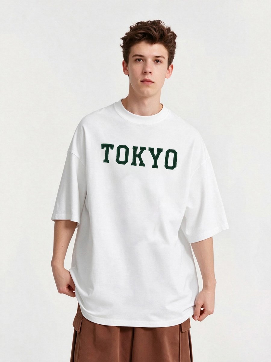 Men White Knitted Casual T-Shirt with TOKYO Print