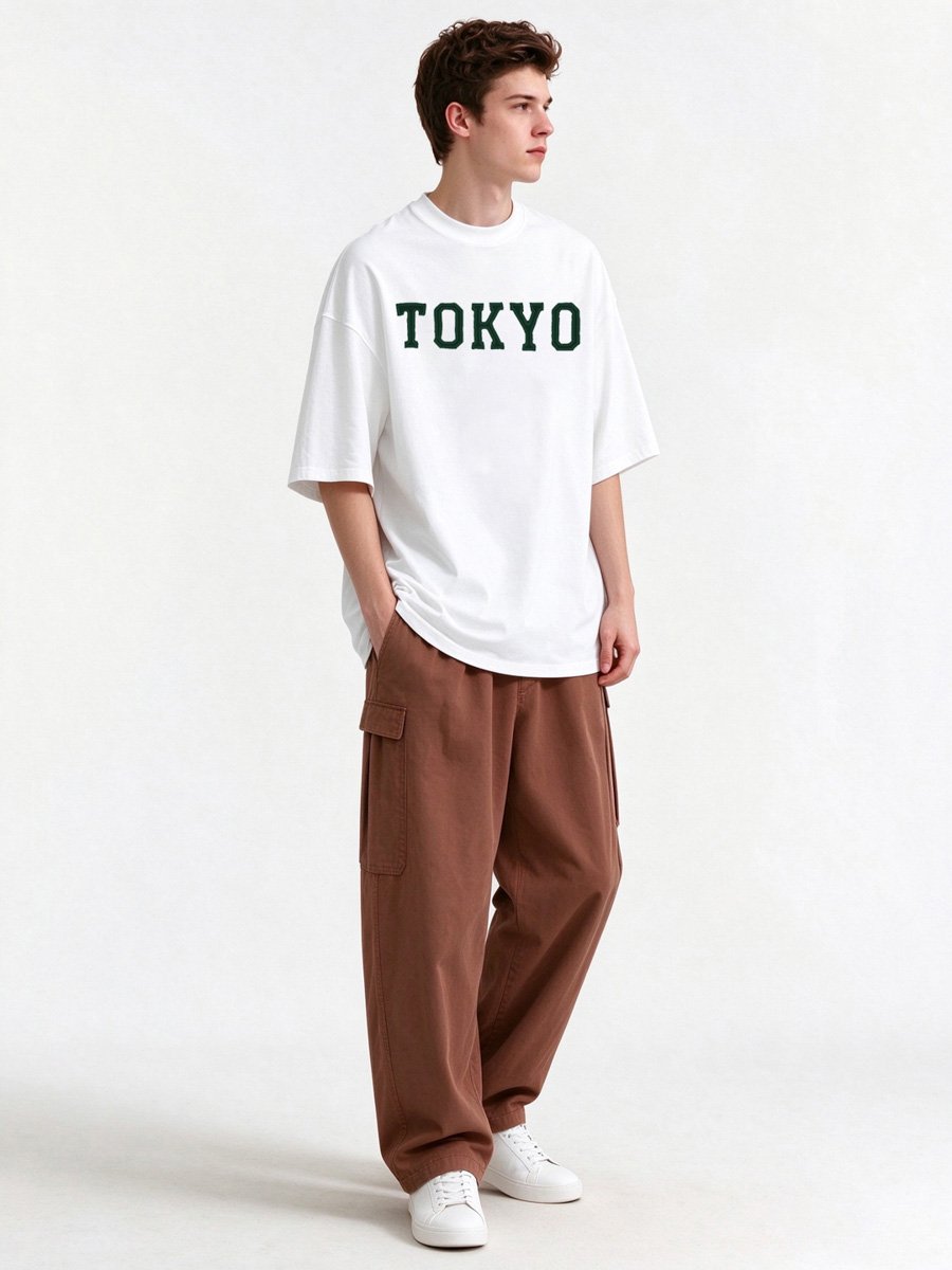 Men White Knitted Casual T-Shirt with TOKYO Print