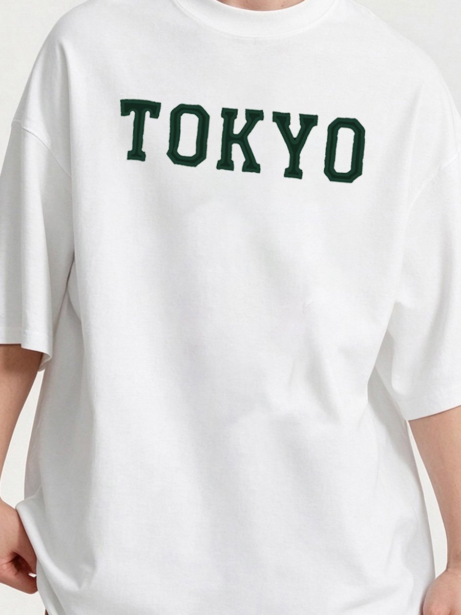 Men White Knitted Casual T-Shirt with TOKYO Print
