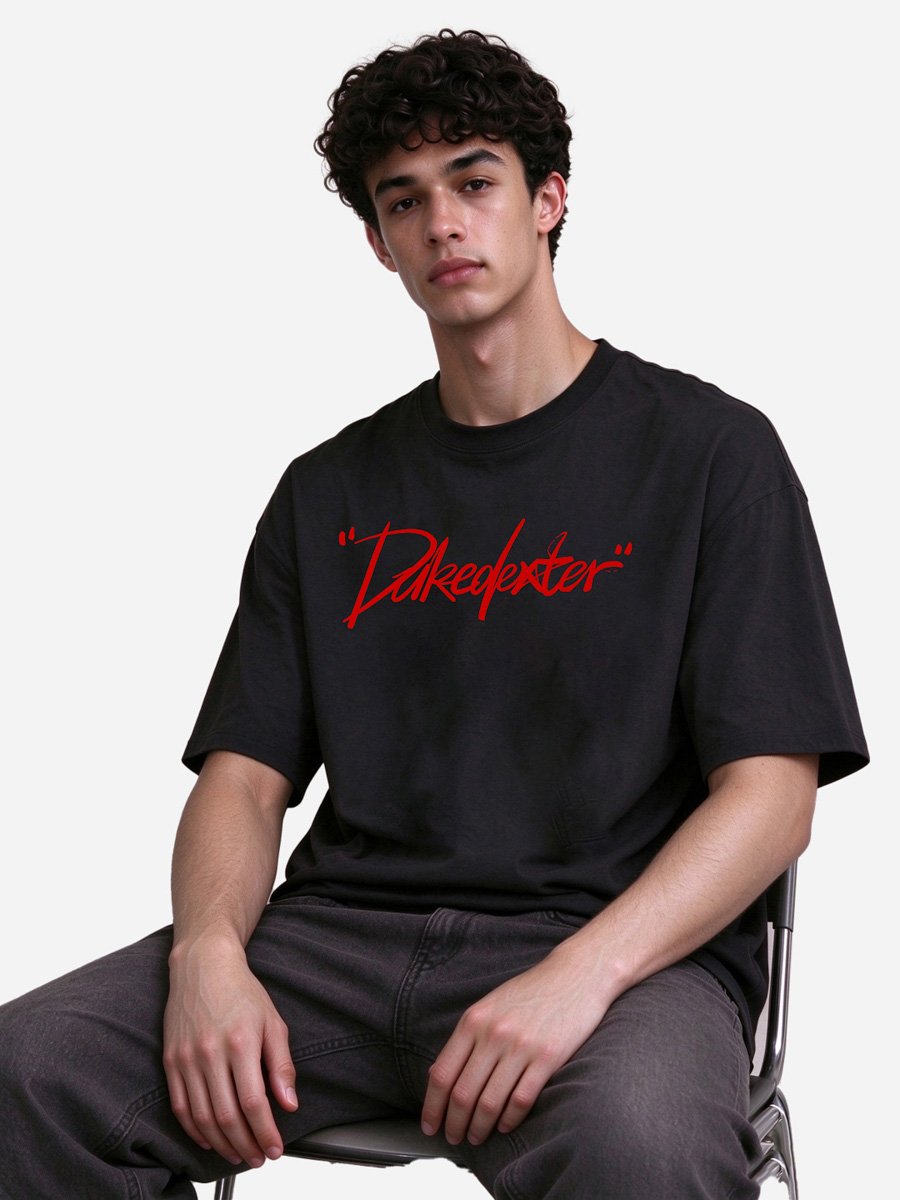Men Black Knitted Oversized T-Shirt with Red Script Print