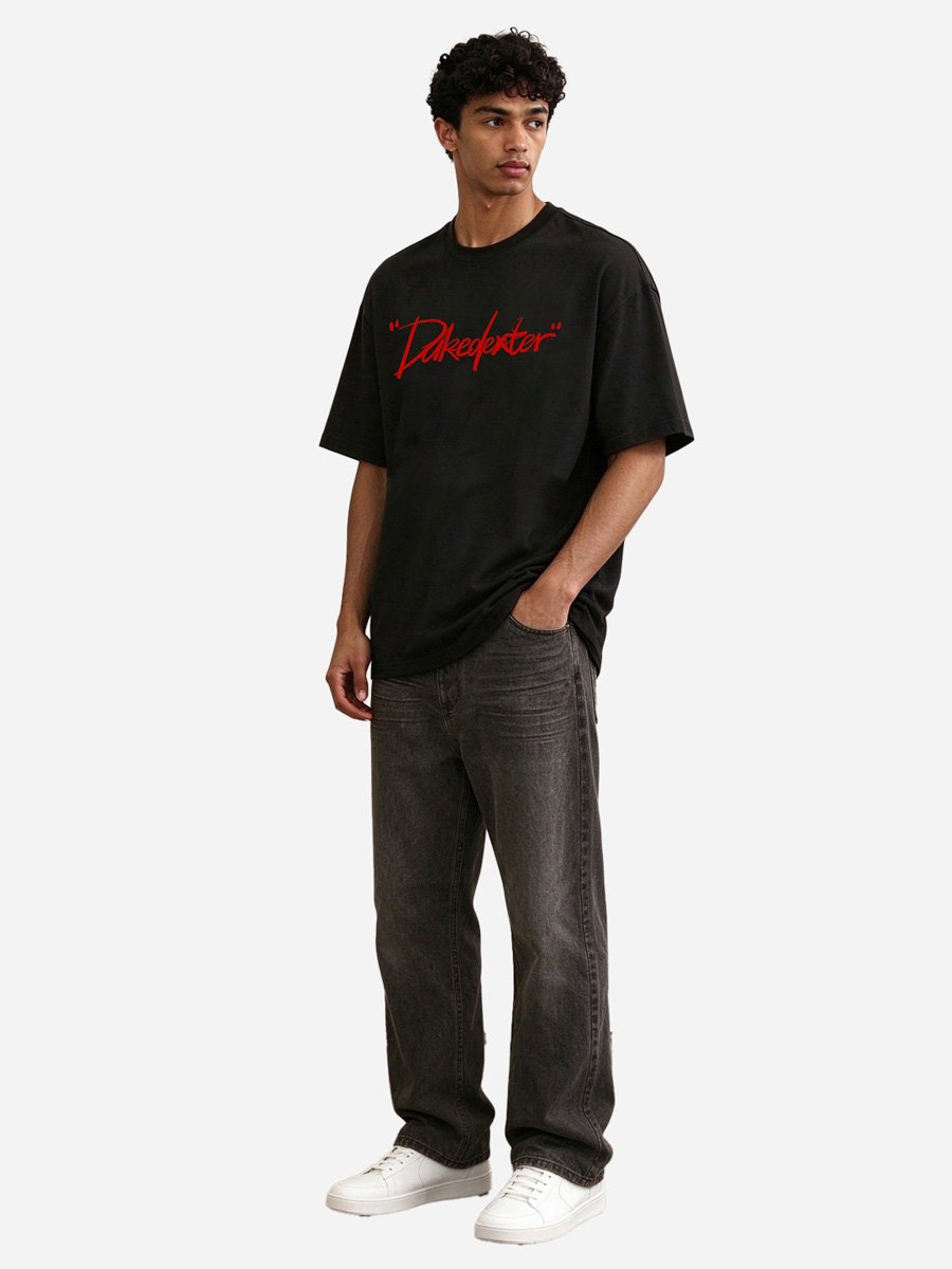 Men Black Knitted Oversized T-Shirt with Red Script Print