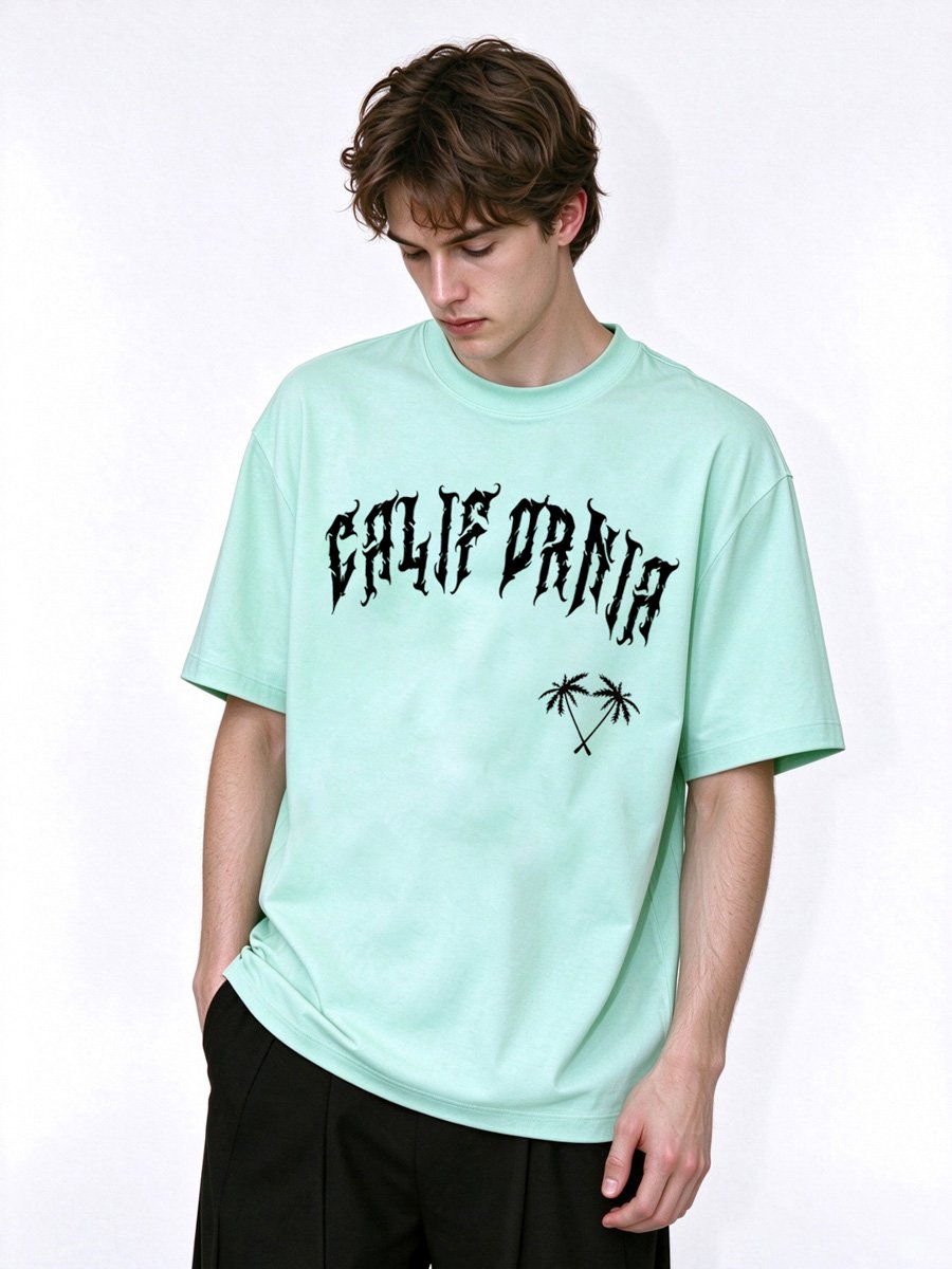 Men Teal California Palm Tree Graphic Regular Fit T-Shirt