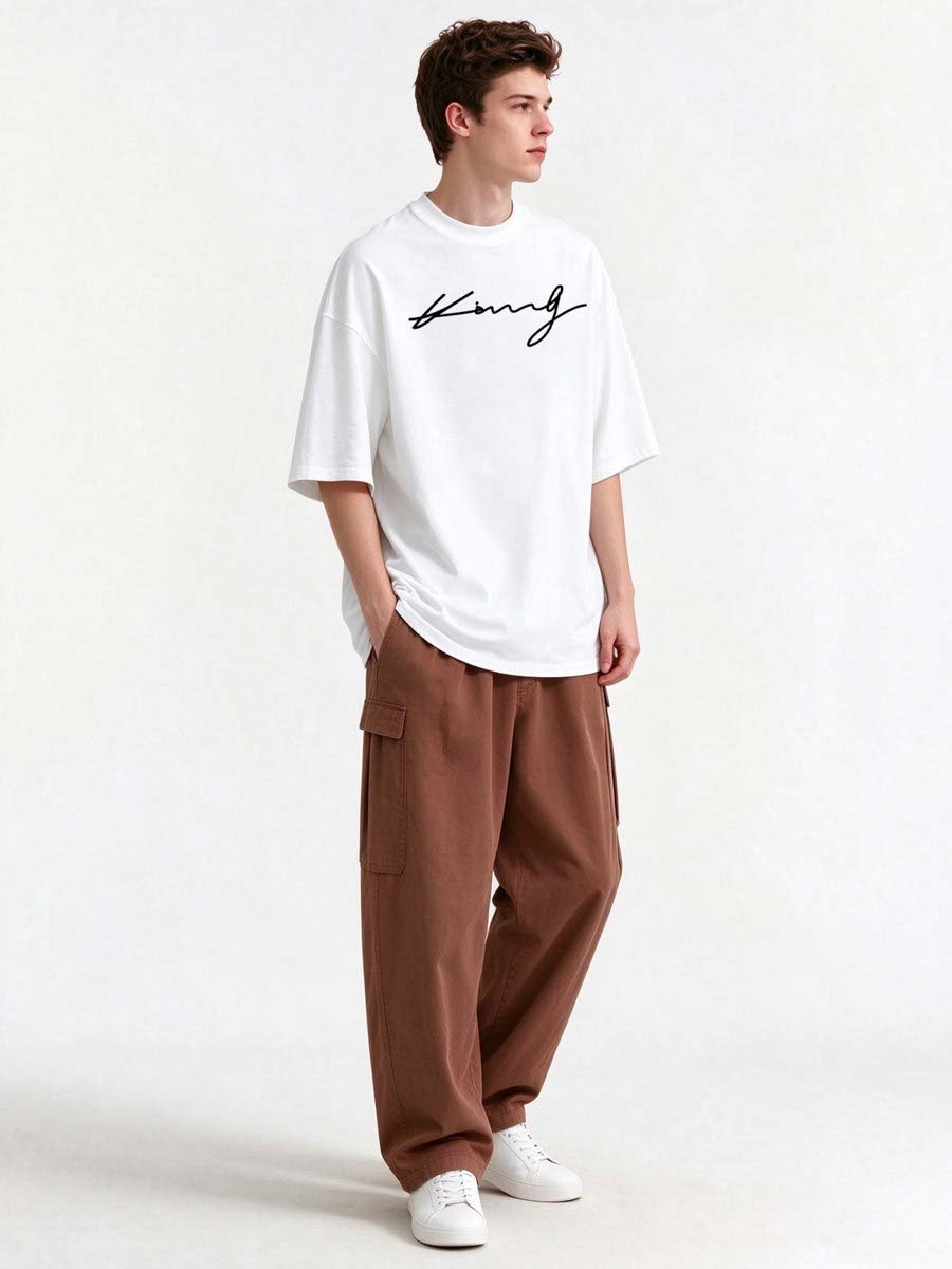 Men White Knitted Casual T-Shirt with King Script