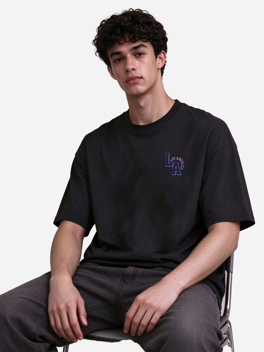 Men Black LA Graphic Knitted T-Shirt