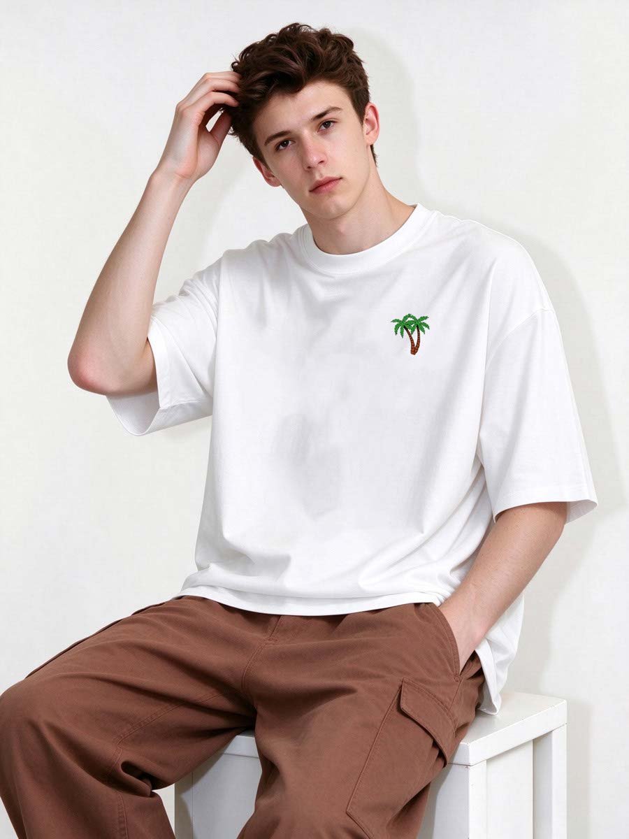 Men White Palm Tree Embroidered Casual T-Shirt