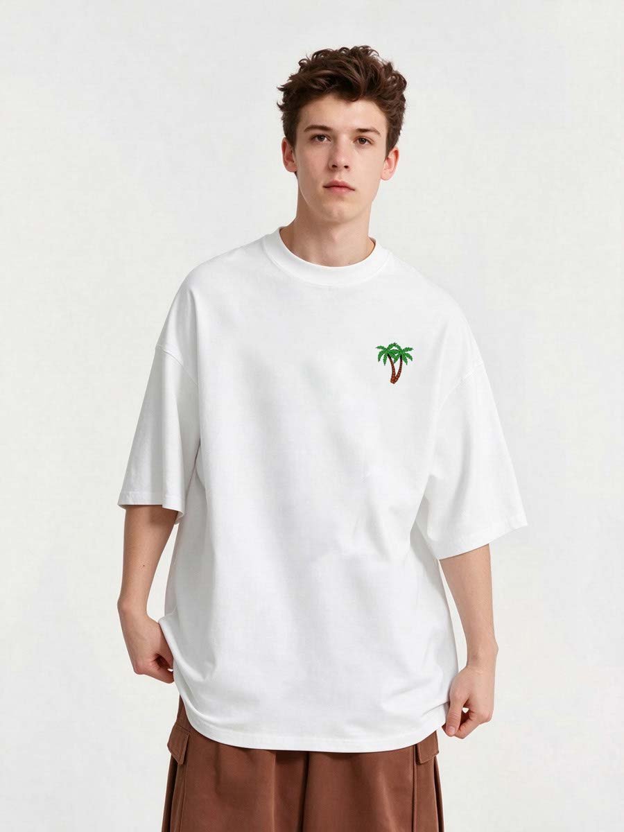 Men White Palm Tree Embroidered Casual T-Shirt