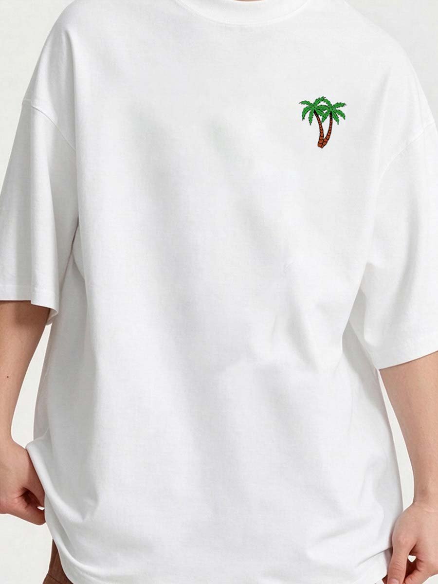 Men White Palm Tree Embroidered Casual T-Shirt