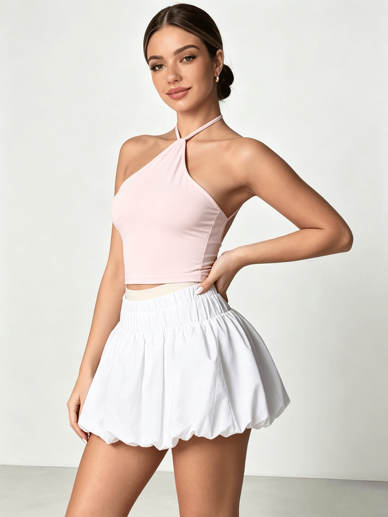 Light Pink Solid Halter Neck Crop Top