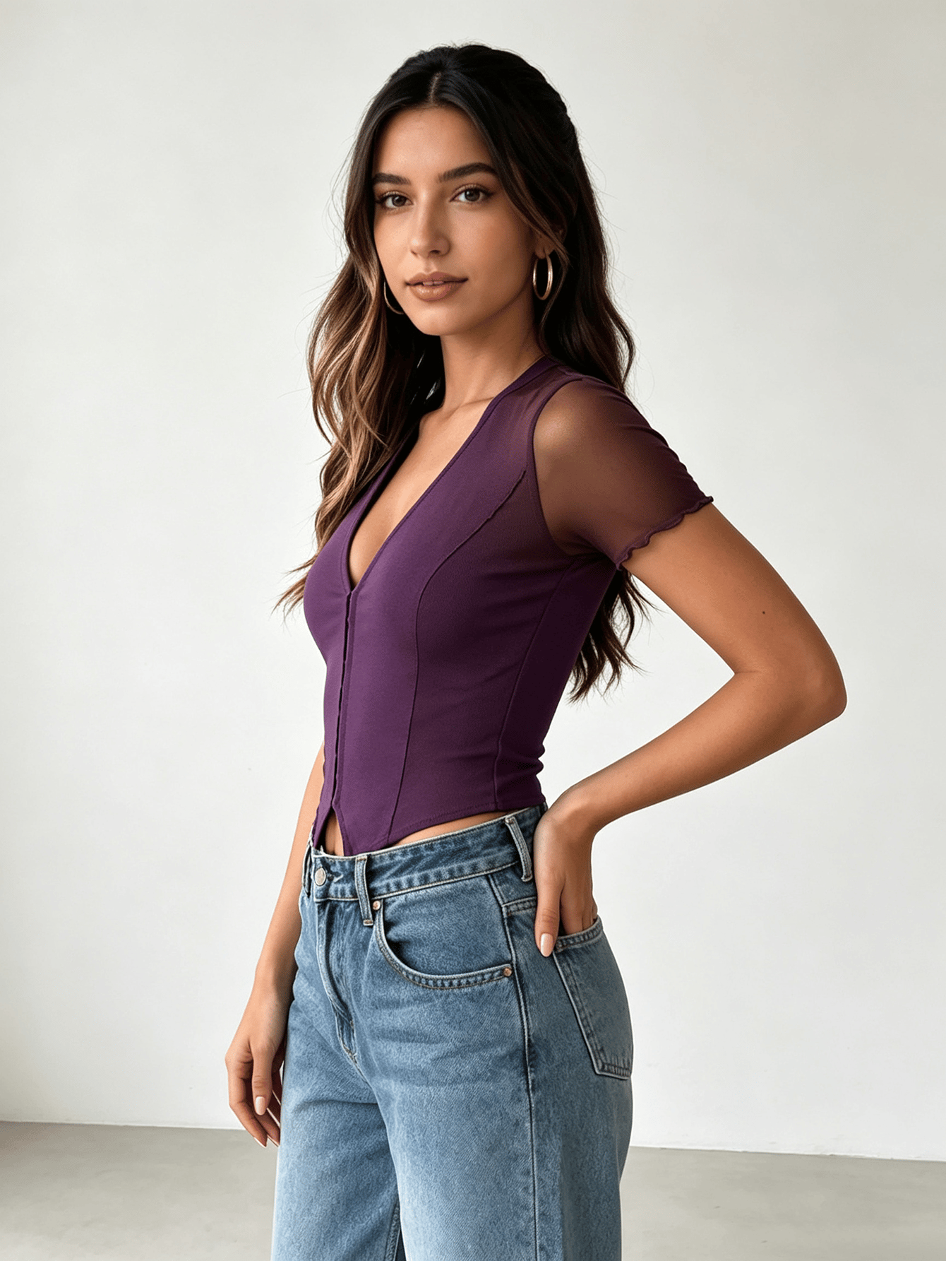 Purple Solid V-Neck Mesh Sleeve Ribbed Top