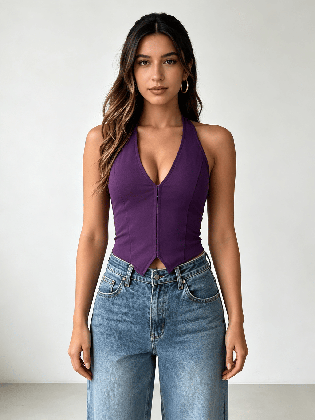 Purple Solid V-Neck Mesh Sleeve Ribbed Top