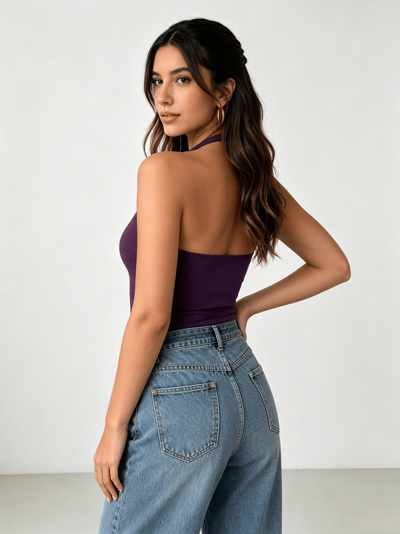 Purple Solid V-Neck Mesh Sleeve Ribbed Top