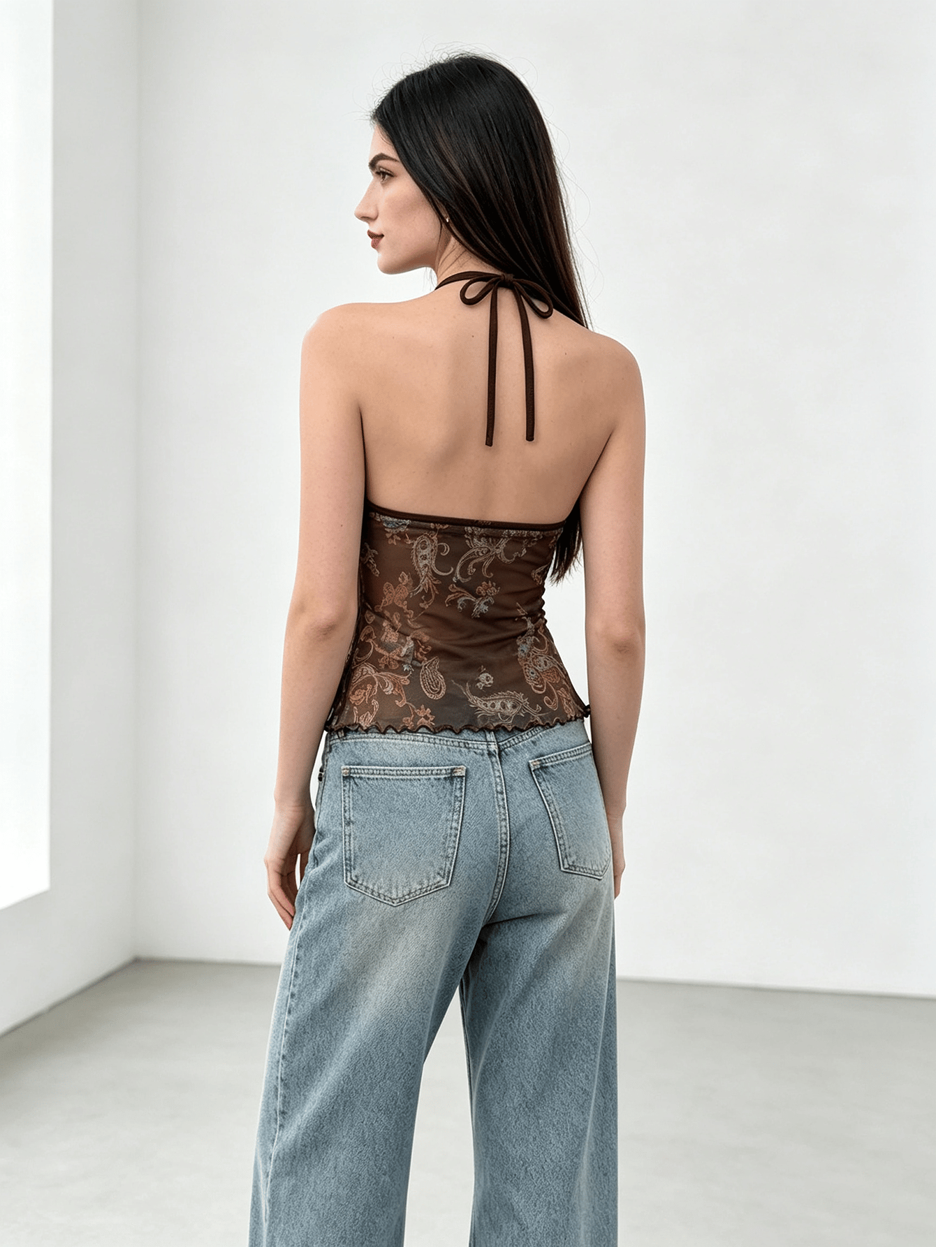 Brown Mesh Halter Neck Top with Paisley Print