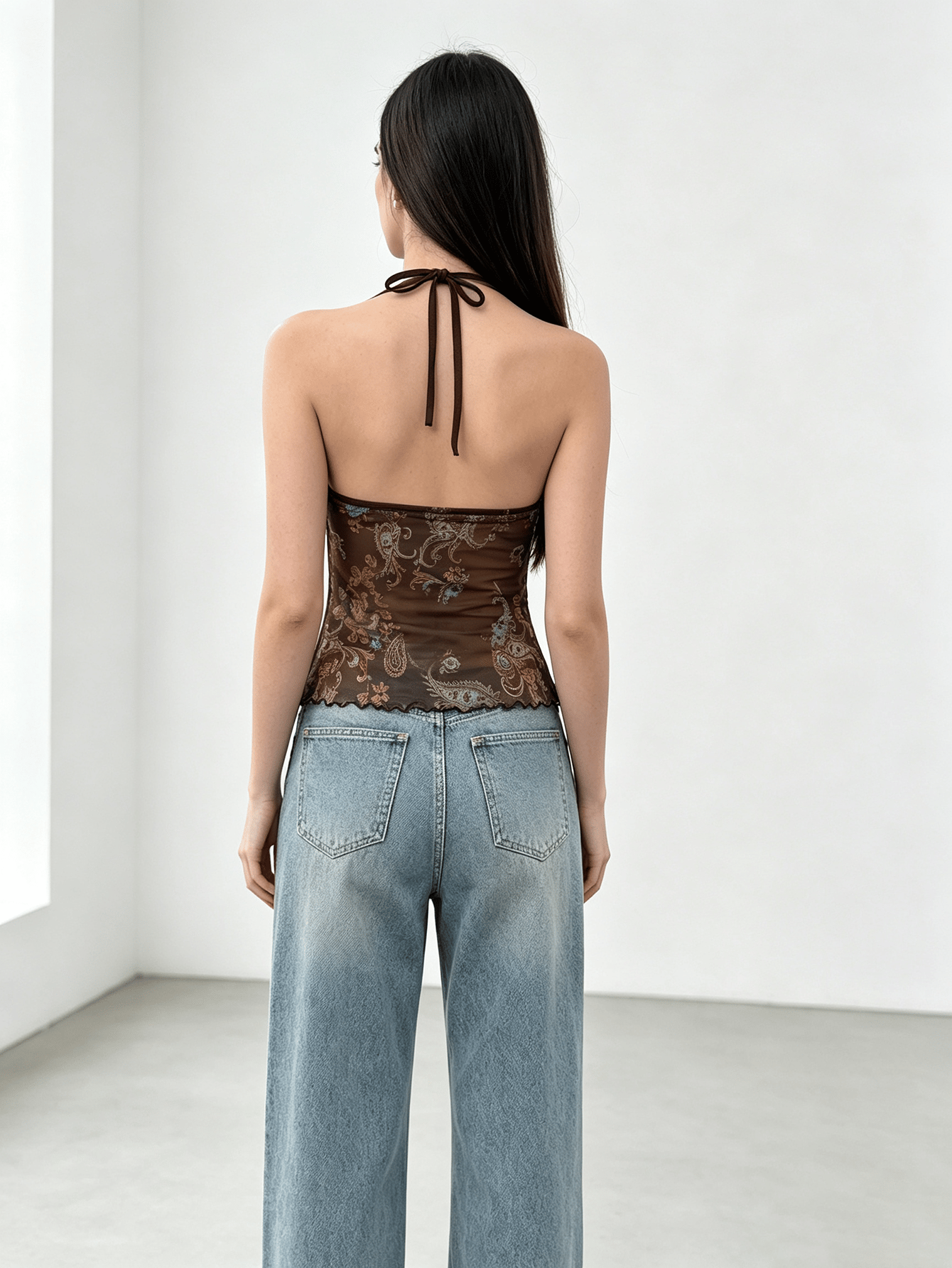 Brown Mesh Halter Neck Top with Paisley Print
