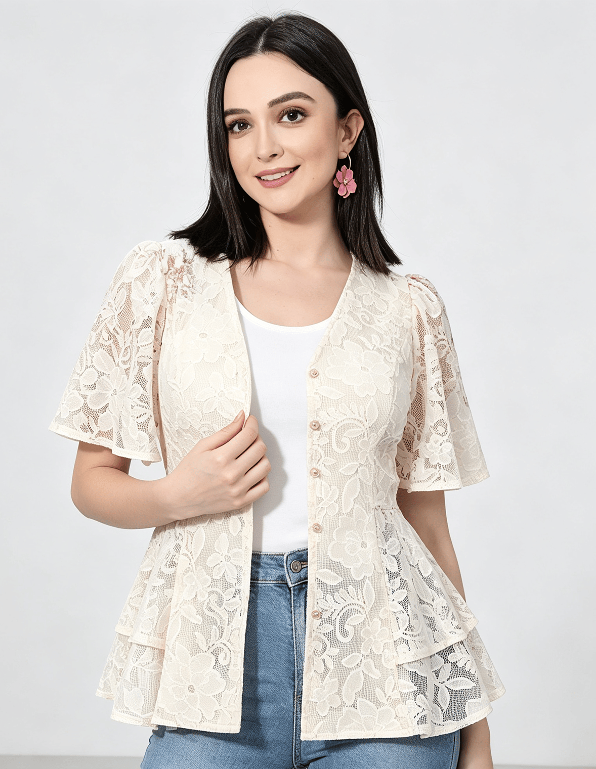 White Floral Lace Peplum Top with Short Sleeves