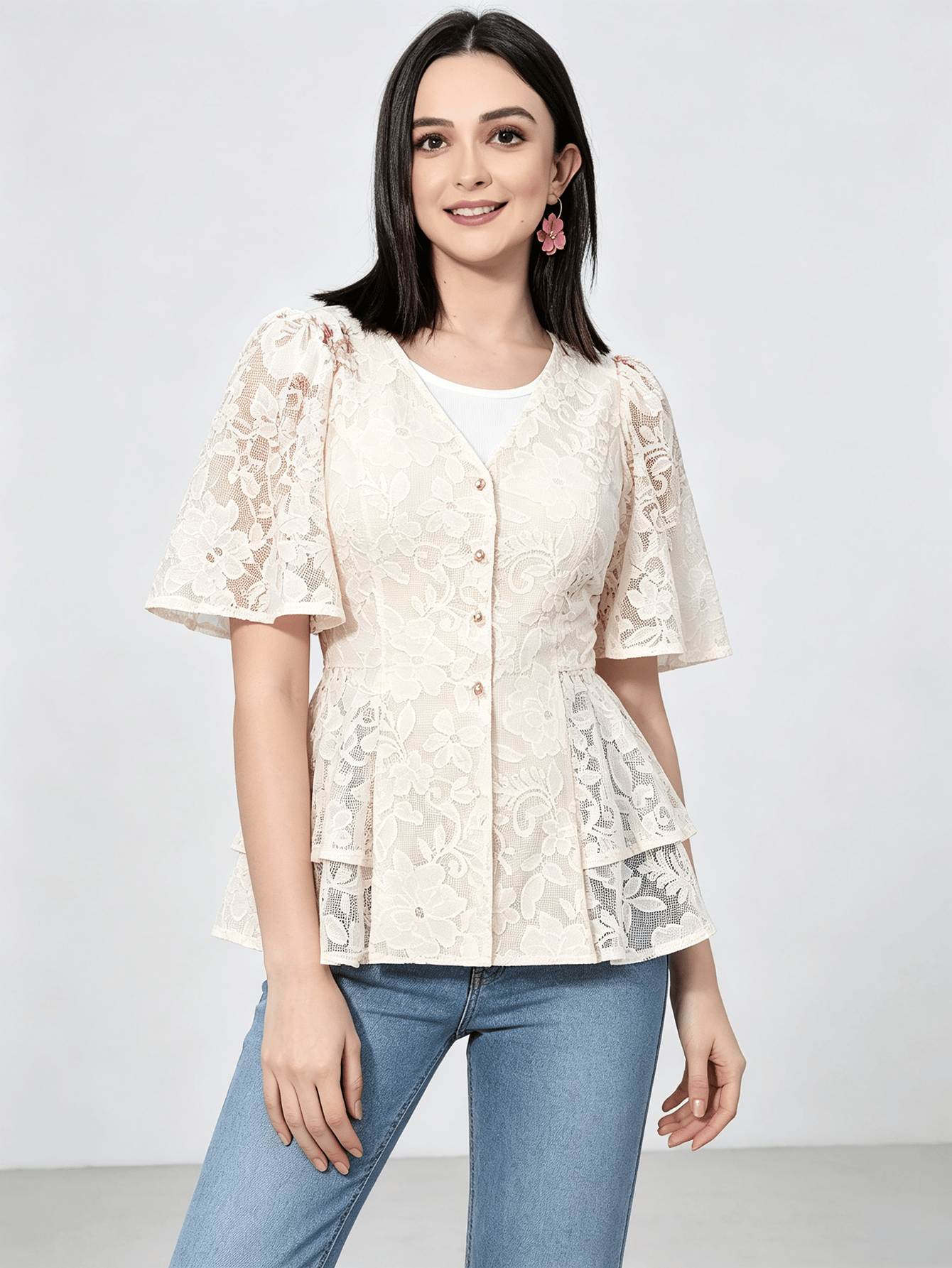 White Floral Lace Peplum Top with Short Sleeves