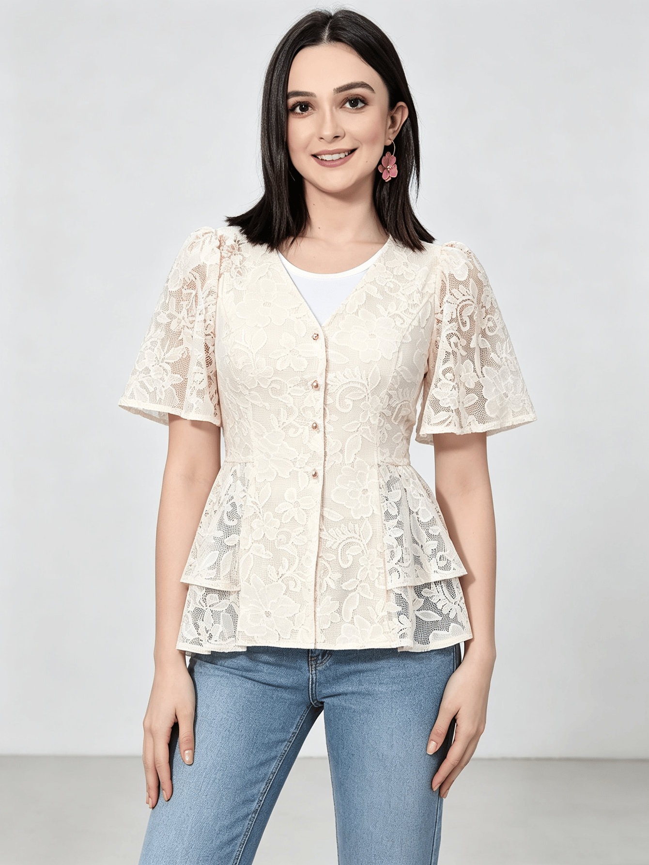 White Floral Lace Peplum Top with Short Sleeves