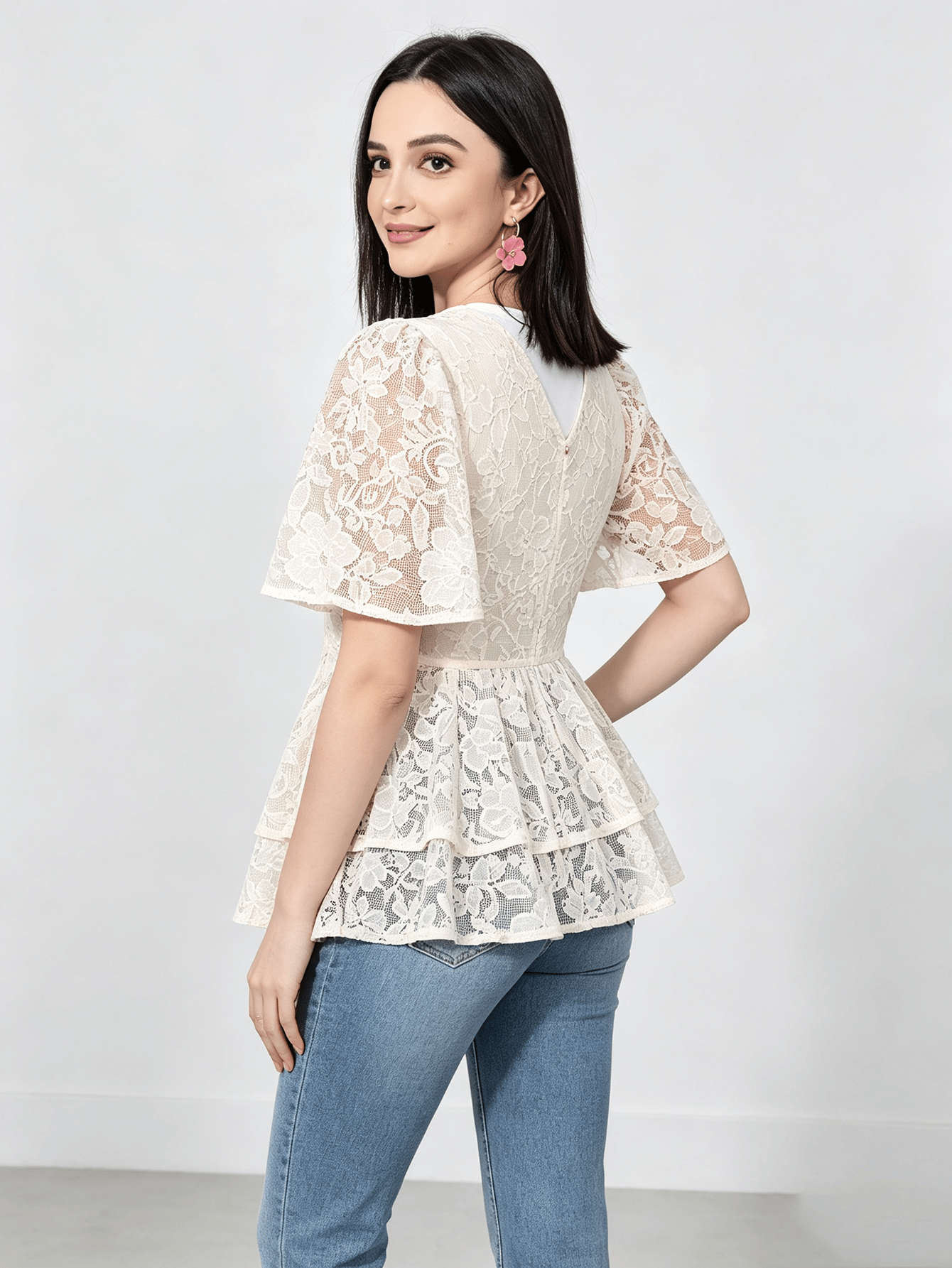 White Floral Lace Peplum Top with Short Sleeves
