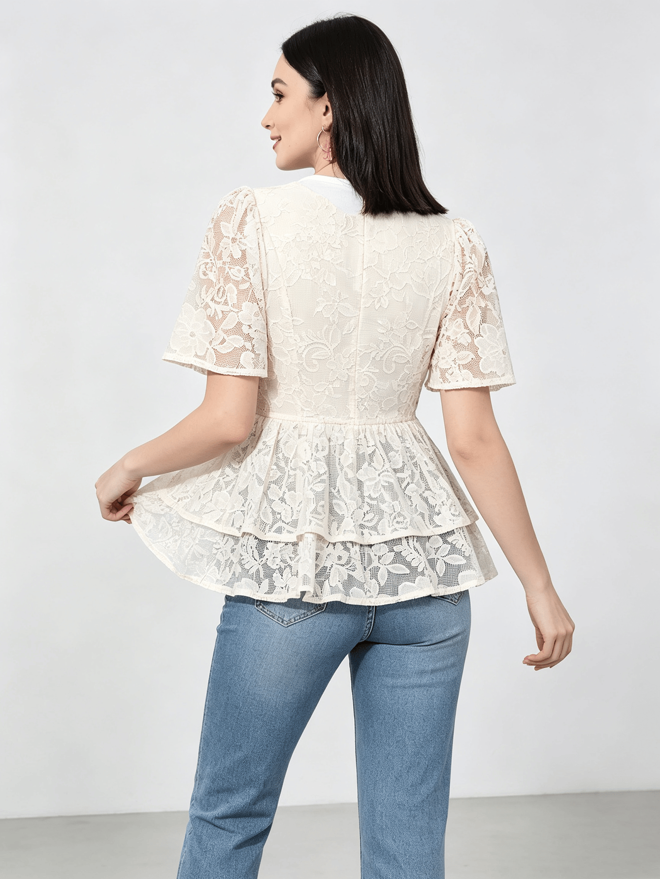 White Floral Lace Peplum Top with Short Sleeves