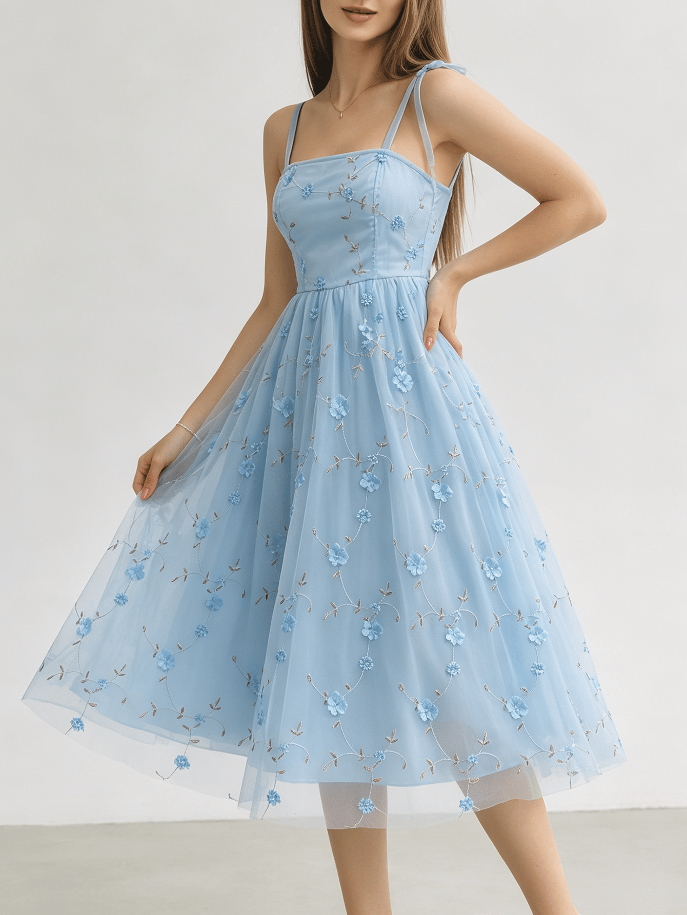 Sky Blue Tulle Midi Dress with 3D Floral Embroidery and Tie Straps