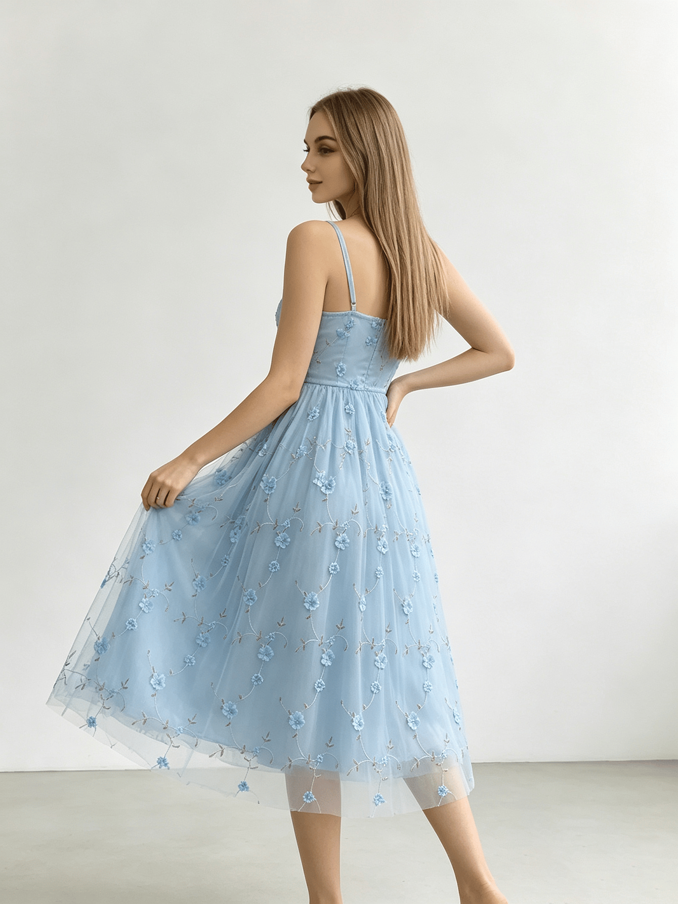 Sky Blue Tulle Midi Dress with 3D Floral Embroidery and Tie Straps