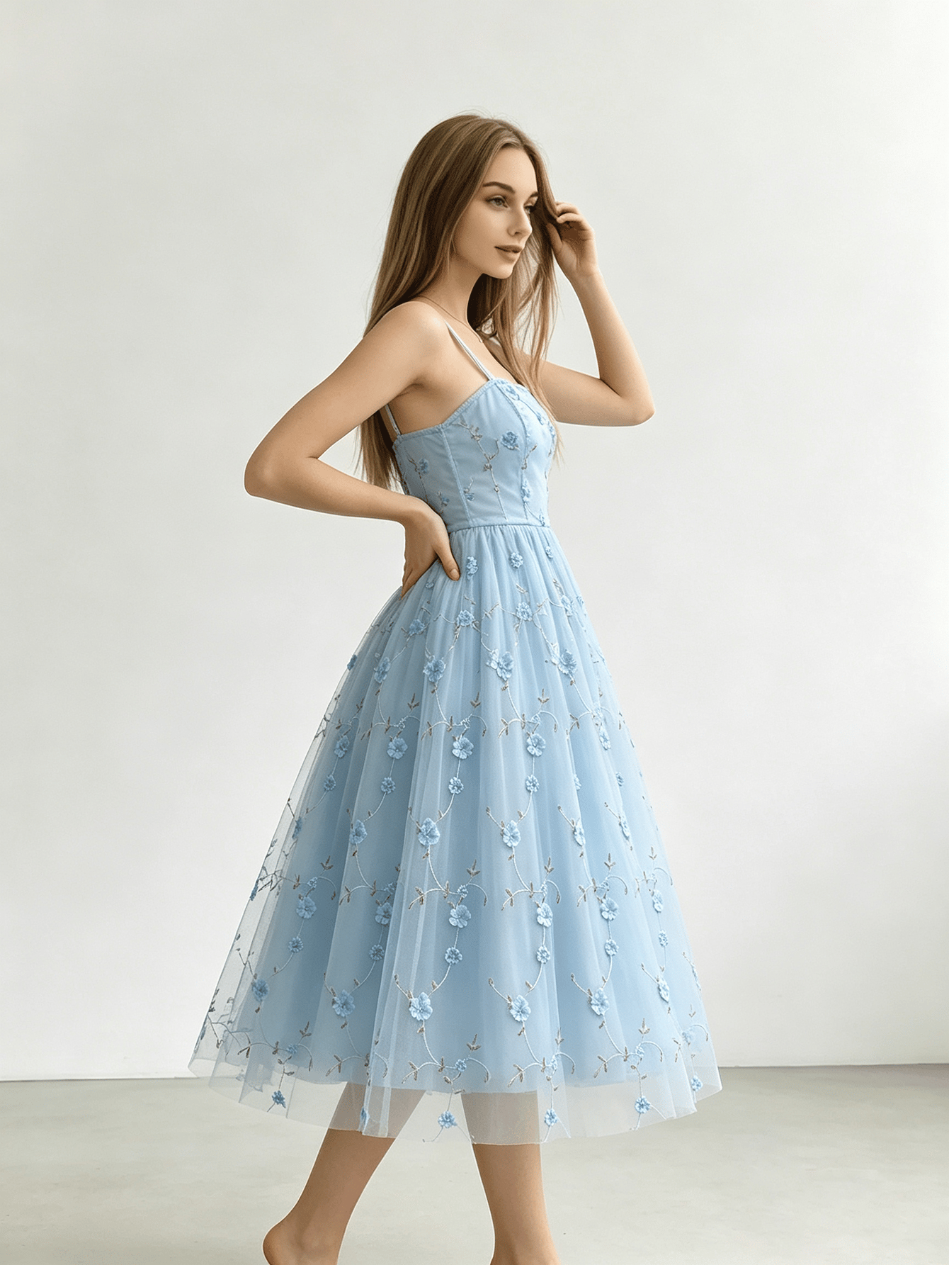 Sky Blue Tulle Midi Dress with 3D Floral Embroidery and Tie Straps