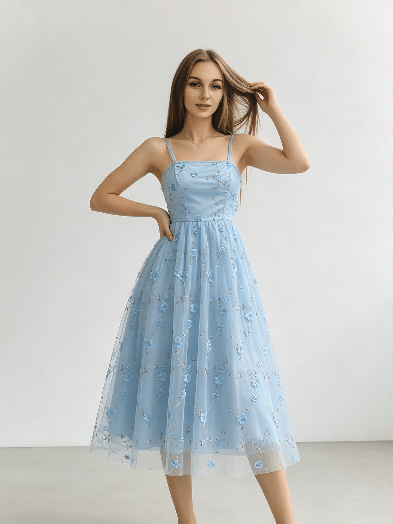 Sky Blue Tulle Midi Dress with 3D Floral Embroidery and Tie Straps