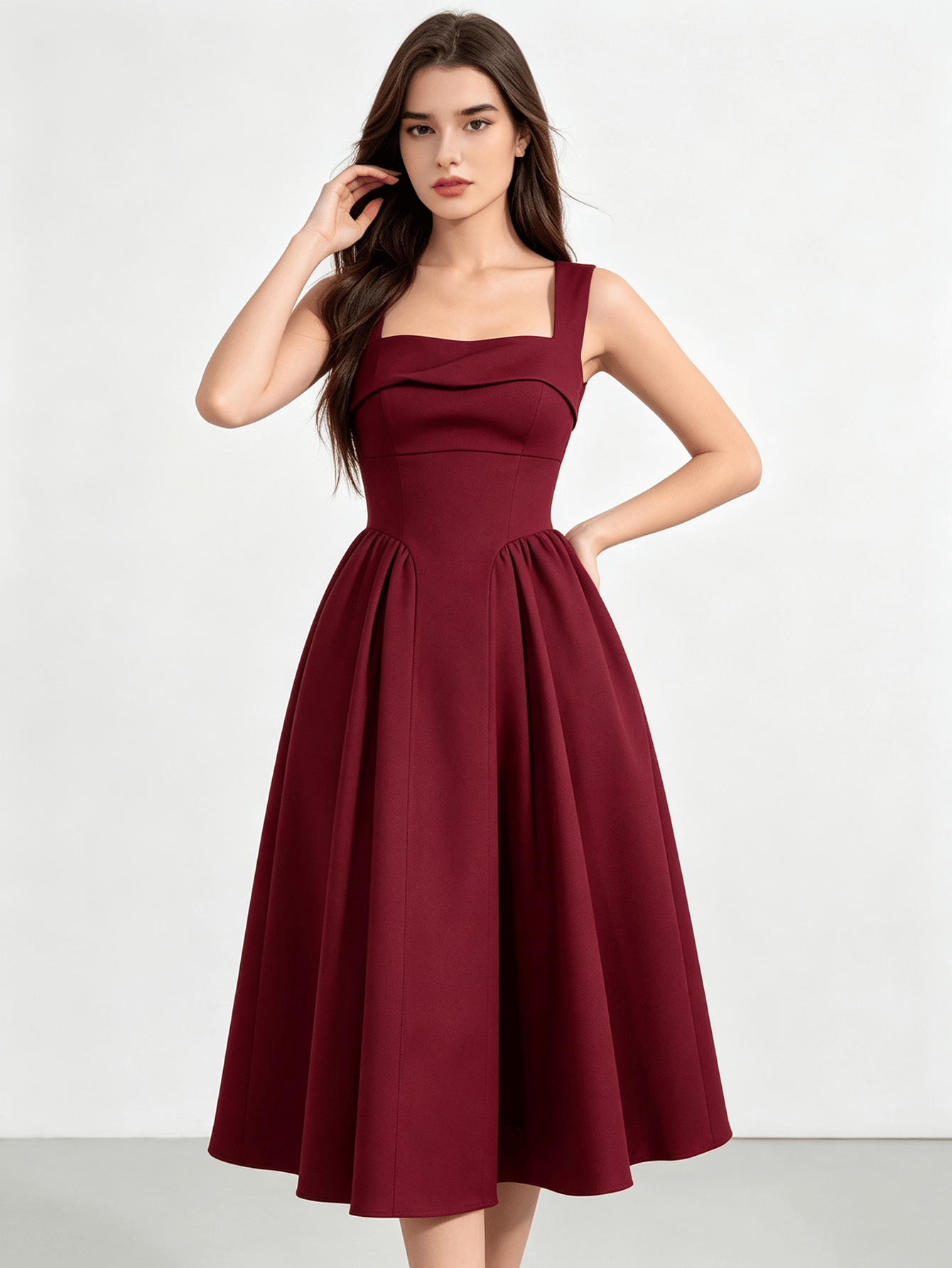 Wine Red Modest Square Neck Fit-and-Flare Midi Evening Dress