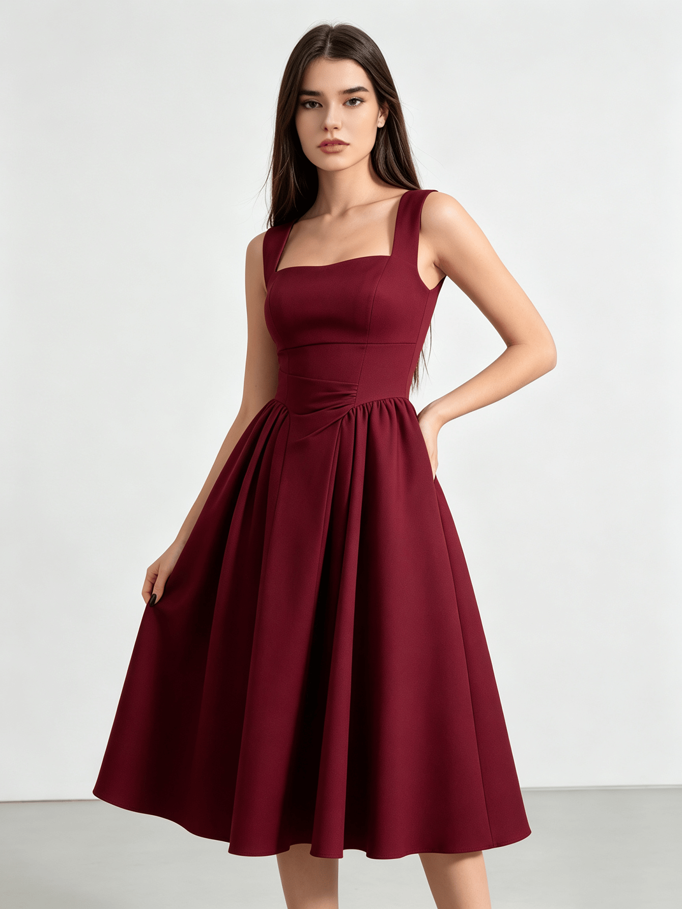 Wine Red Modest Square Neck Fit-and-Flare Midi Evening Dress