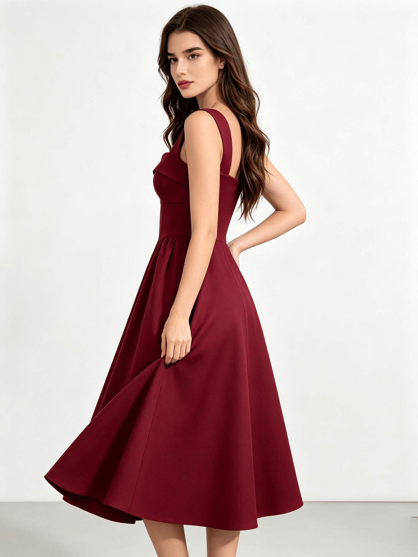 Wine Red Modest Square Neck Fit-and-Flare Midi Evening Dress