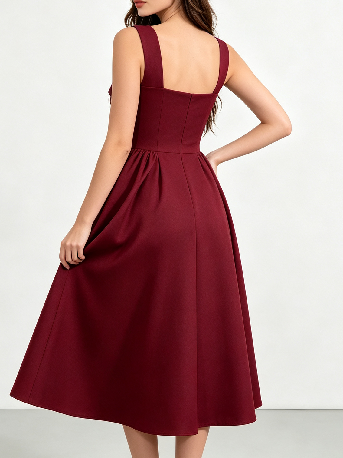Wine Red Modest Square Neck Fit-and-Flare Midi Evening Dress