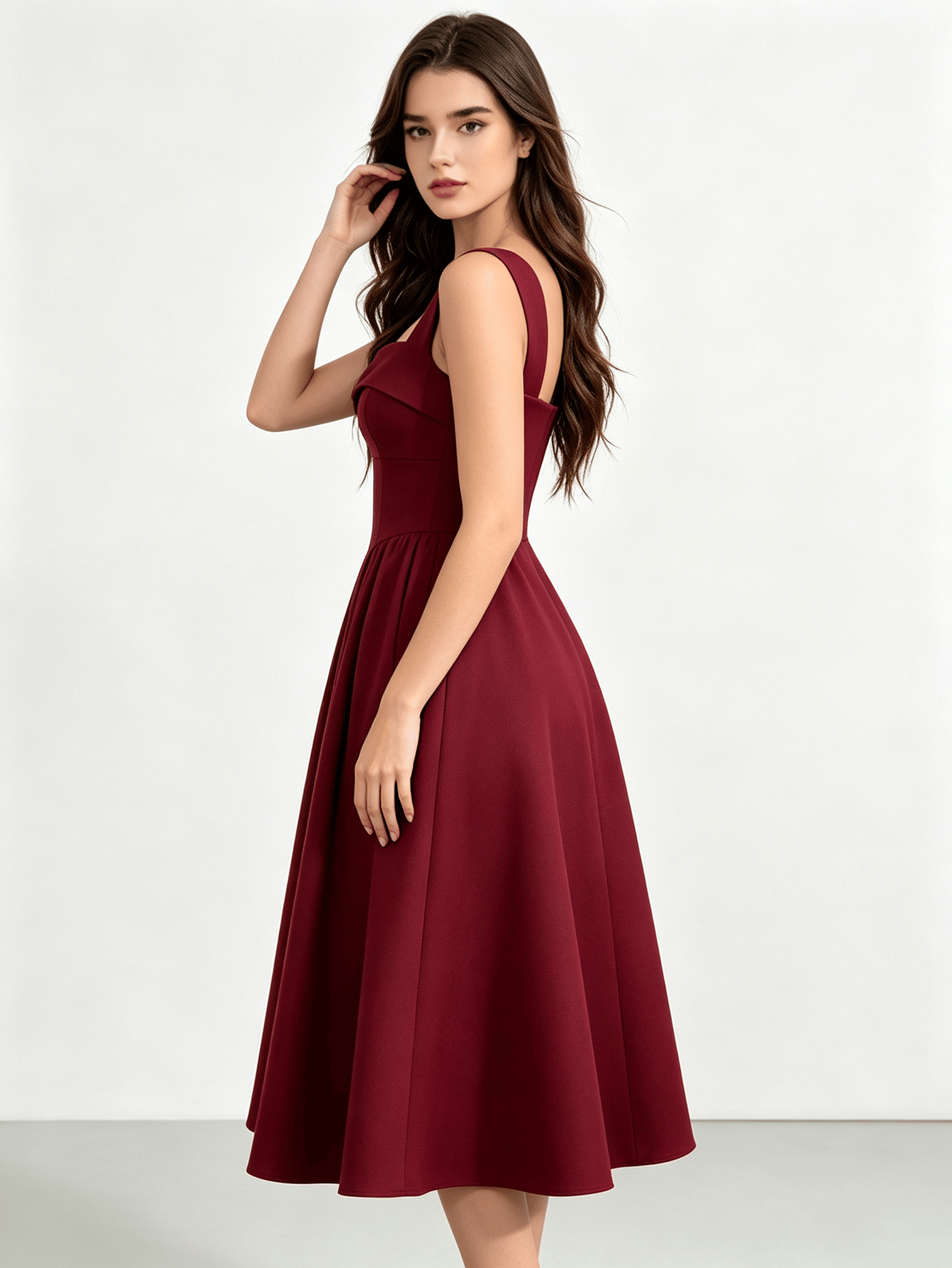 Wine Red Modest Square Neck Fit-and-Flare Midi Evening Dress