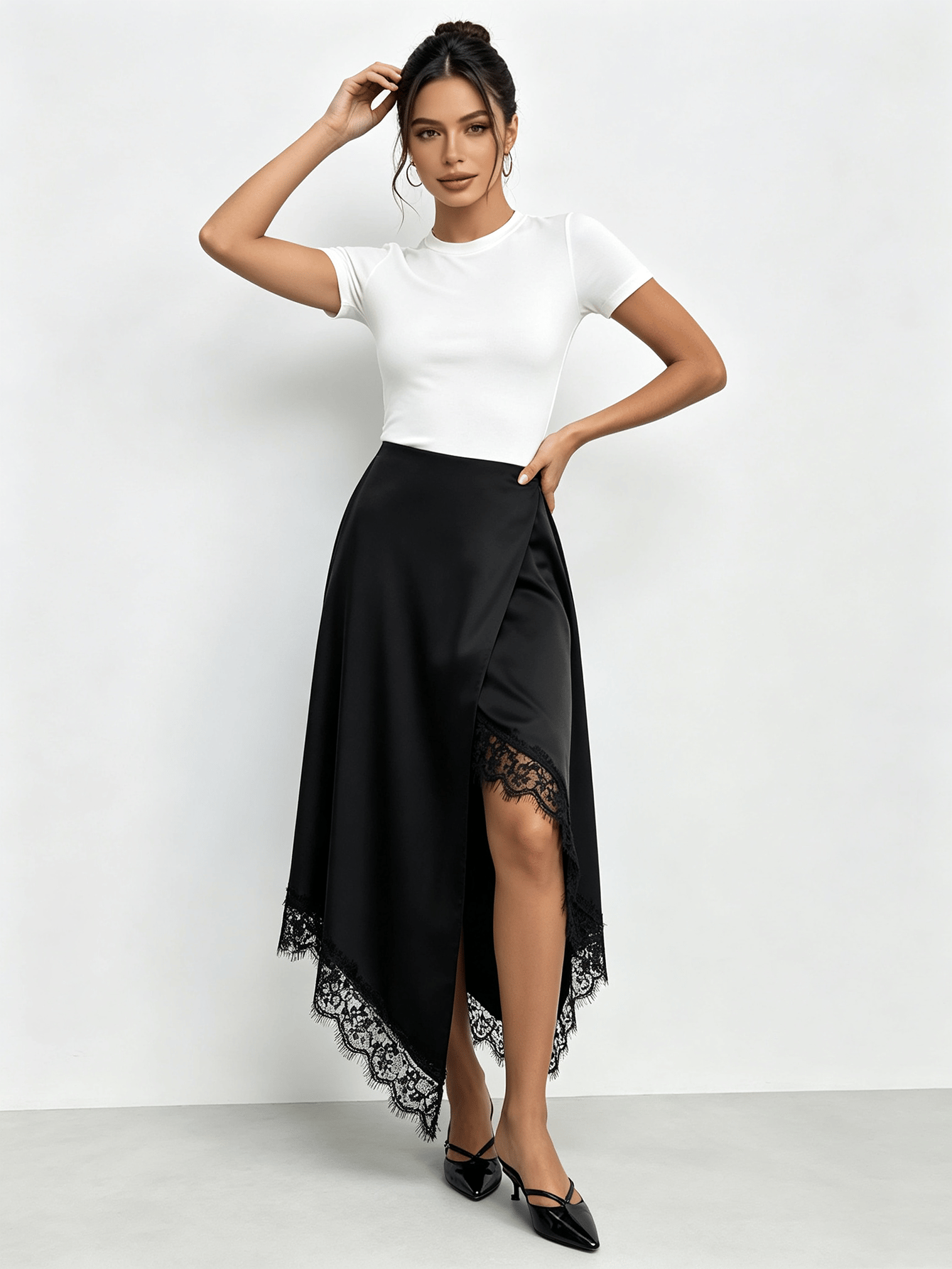 Black Satin Wrap Skirt with Delicate Lace Hem