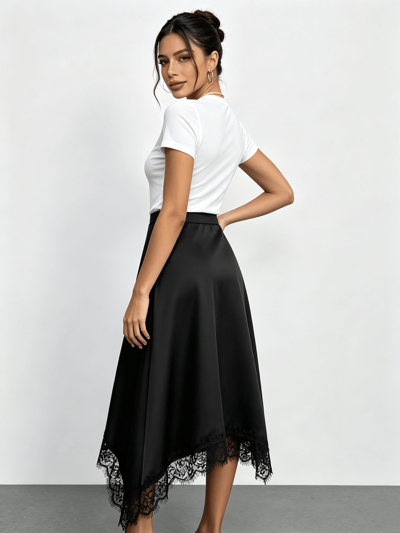 Black Satin Wrap Skirt with Delicate Lace Hem