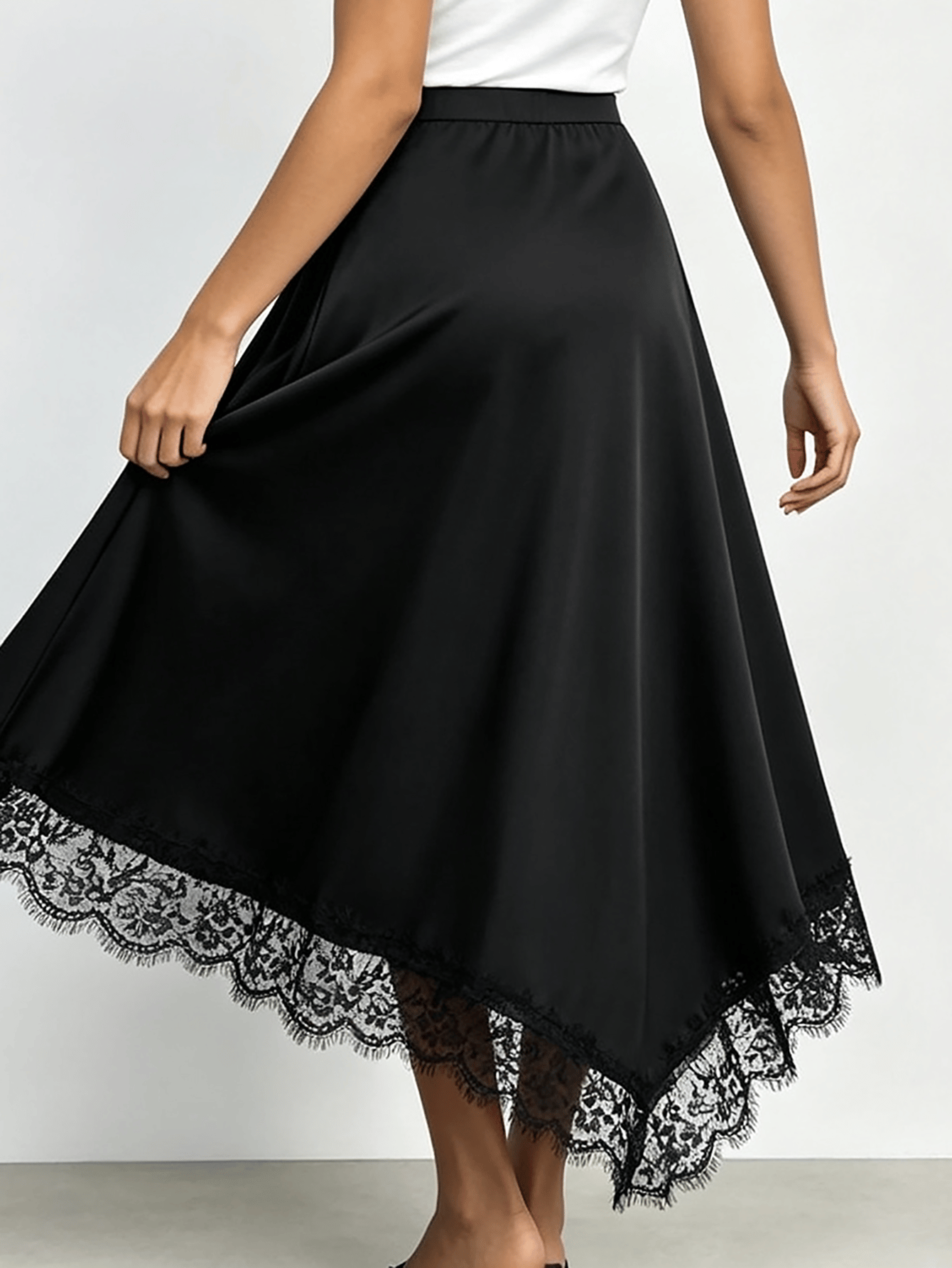 Black Satin Wrap Skirt with Delicate Lace Hem