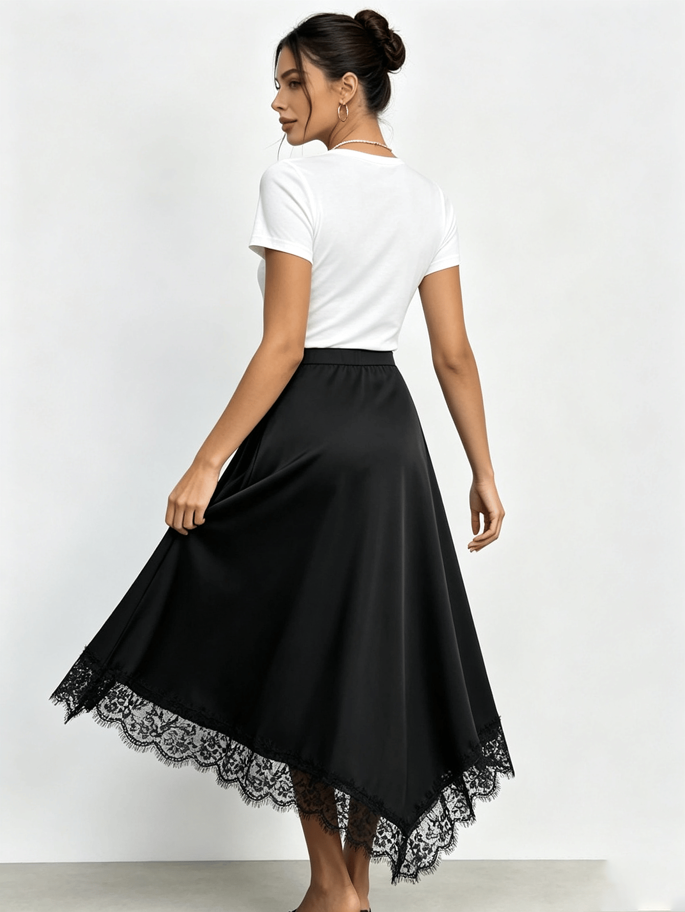 Black Satin Wrap Skirt with Delicate Lace Hem