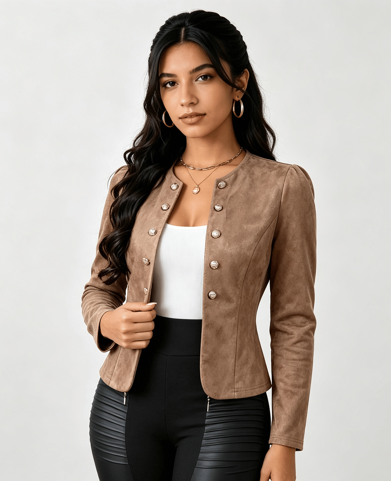 Brown Regular Fit Faux Suede Jacket with Gold Buttons