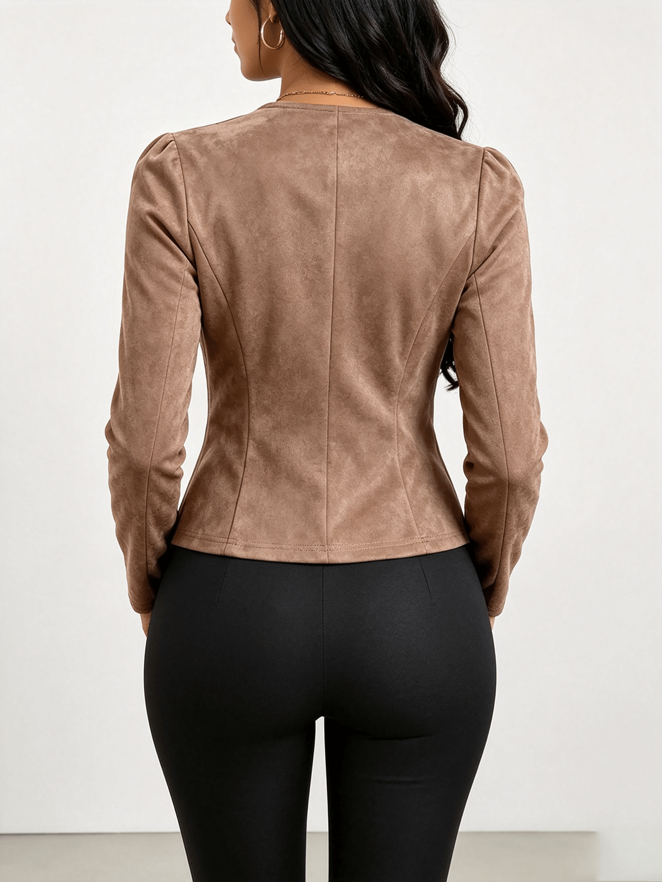 Brown Regular Fit Faux Suede Jacket with Gold Buttons