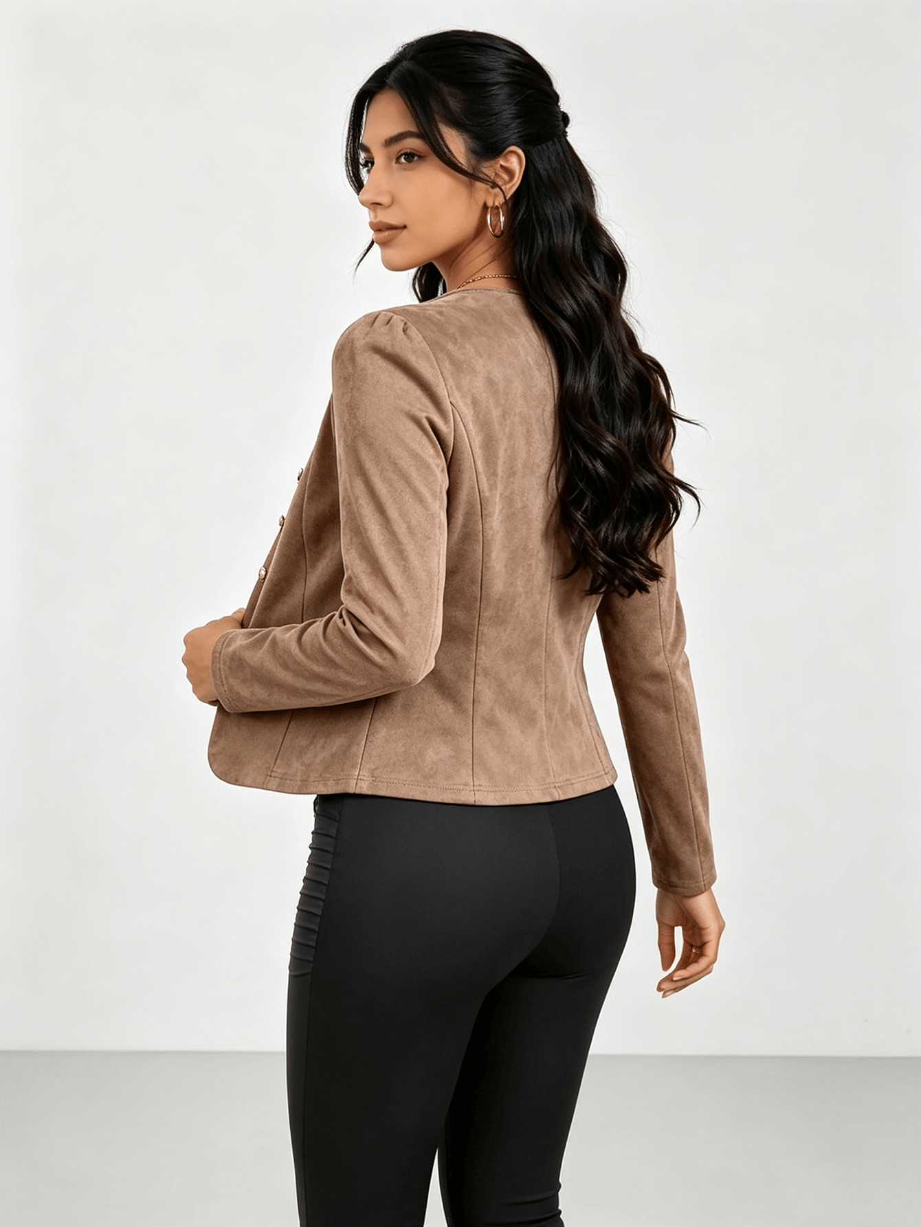 Brown Regular Fit Faux Suede Jacket with Gold Buttons