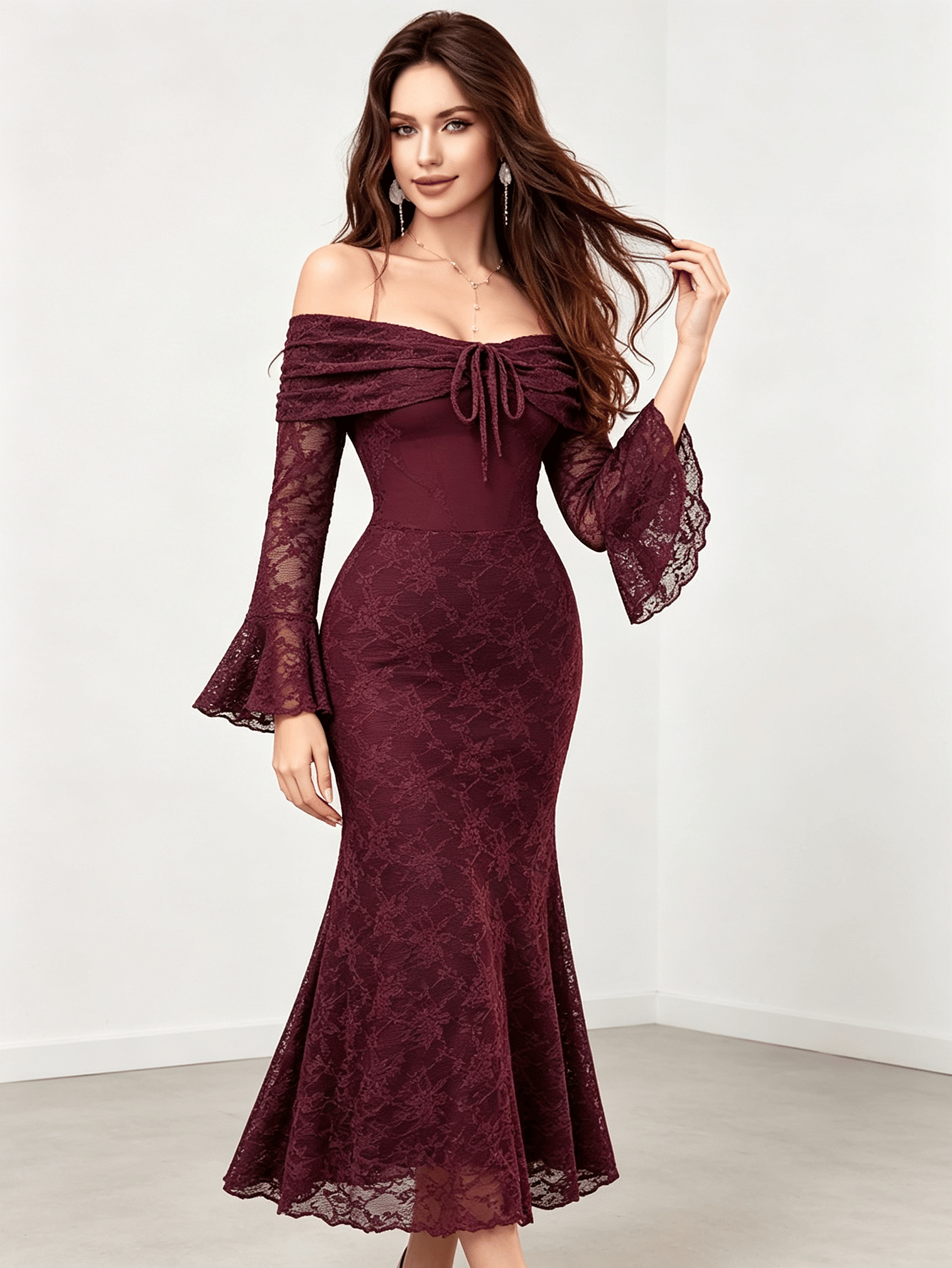 Burgundy Lace Off-Shoulder Maxi Bodycon Gown