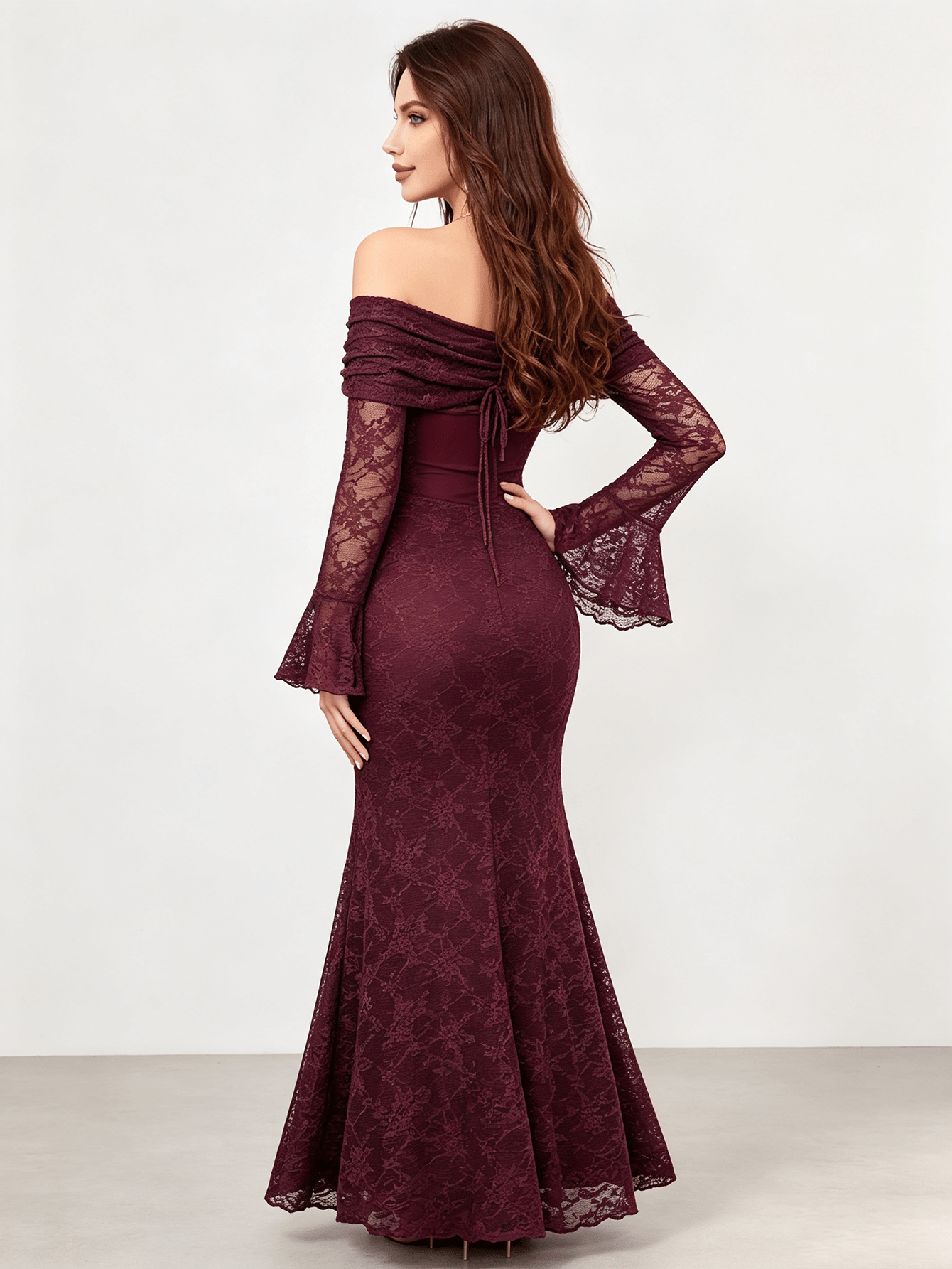 Burgundy Lace Off-Shoulder Maxi Bodycon Gown