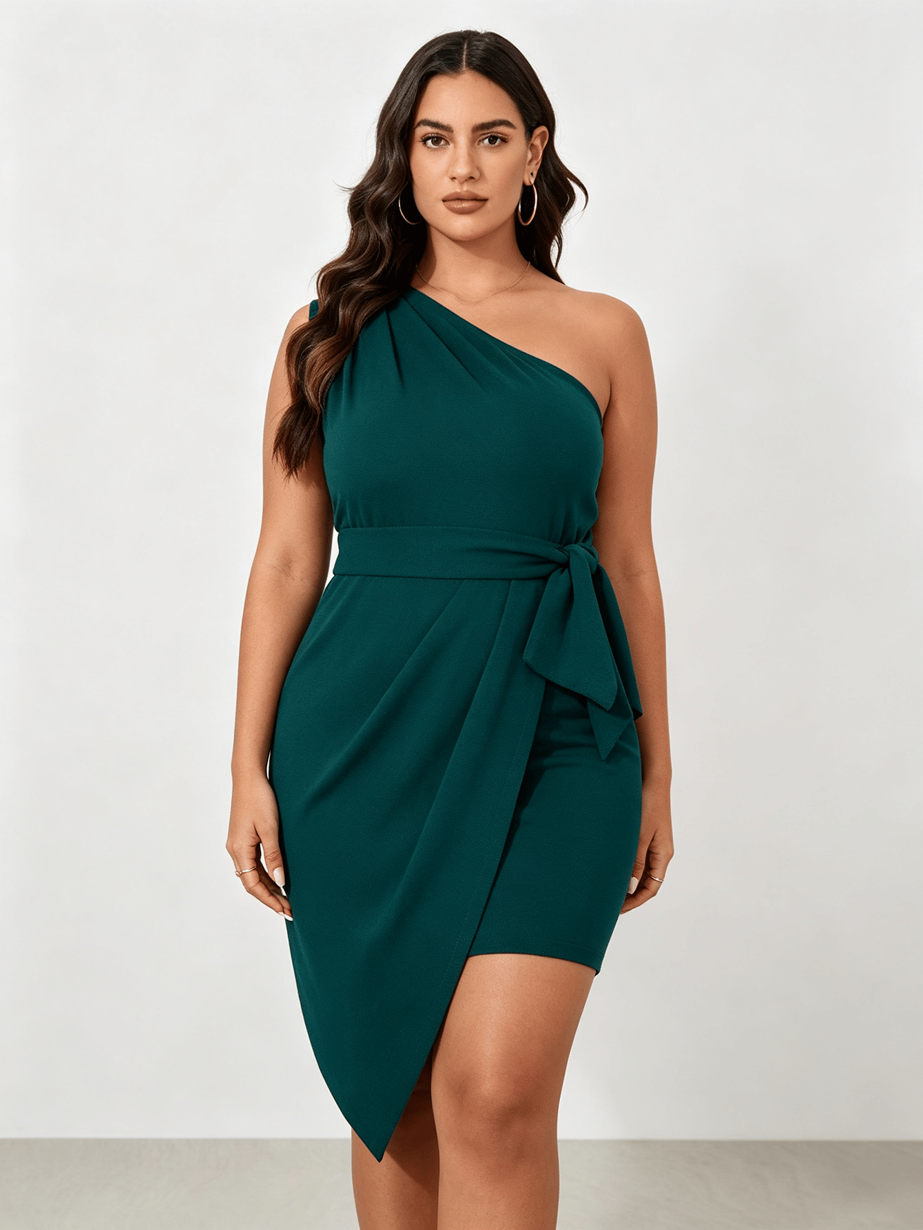 Plus Size Teal One Shoulder Wrap Mini Dress