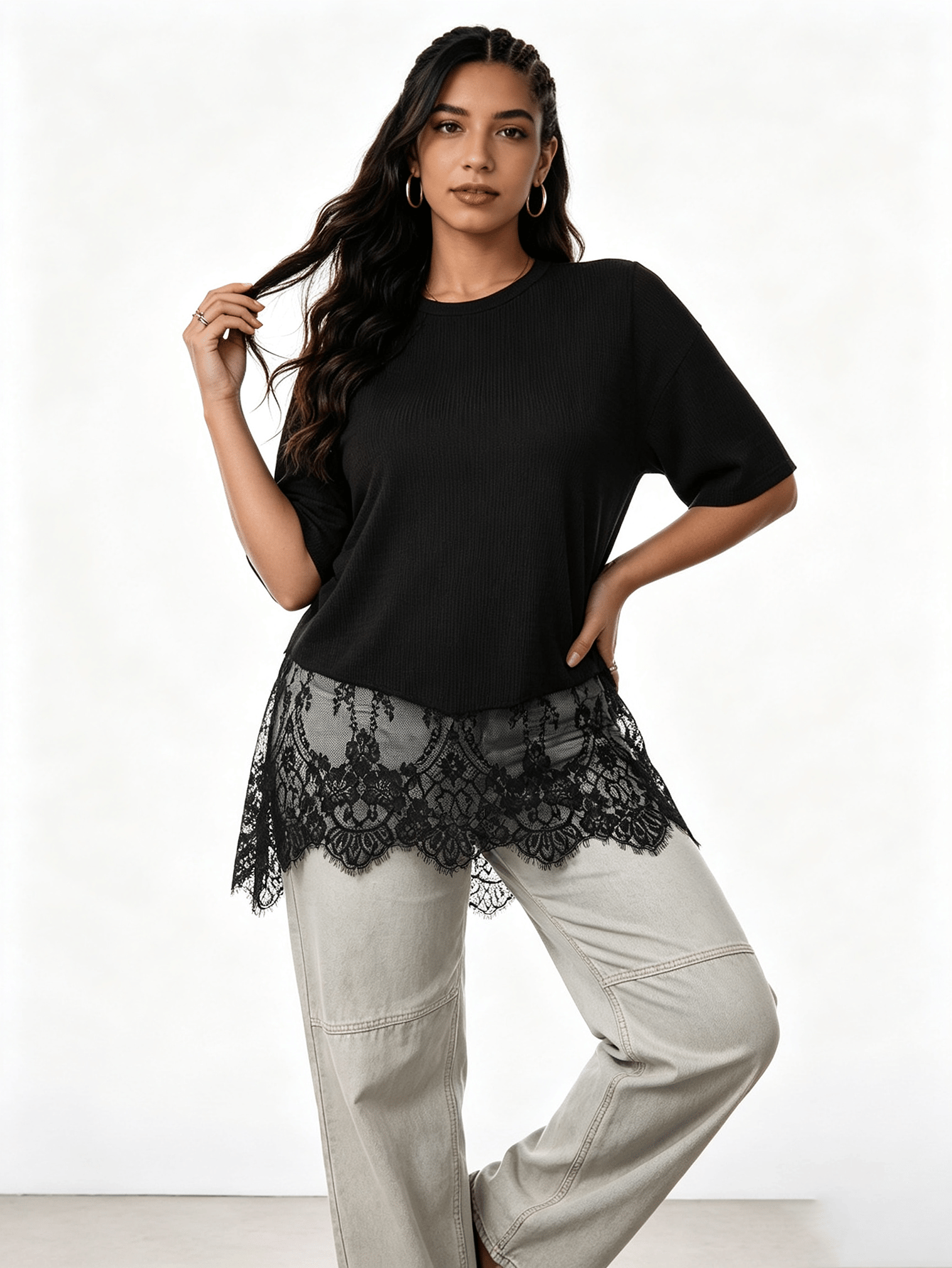 Plus Size Black Lace-Trim Ribbed Knit Top
