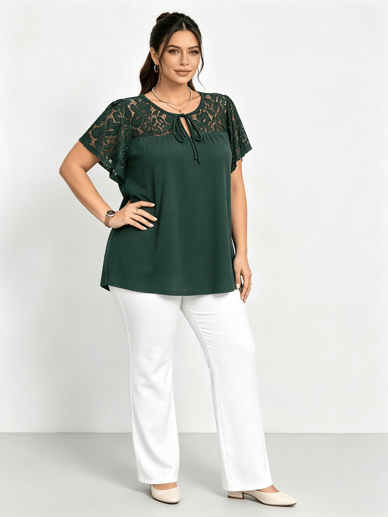 Plus Size Green Lace Sleeve Tunic Top