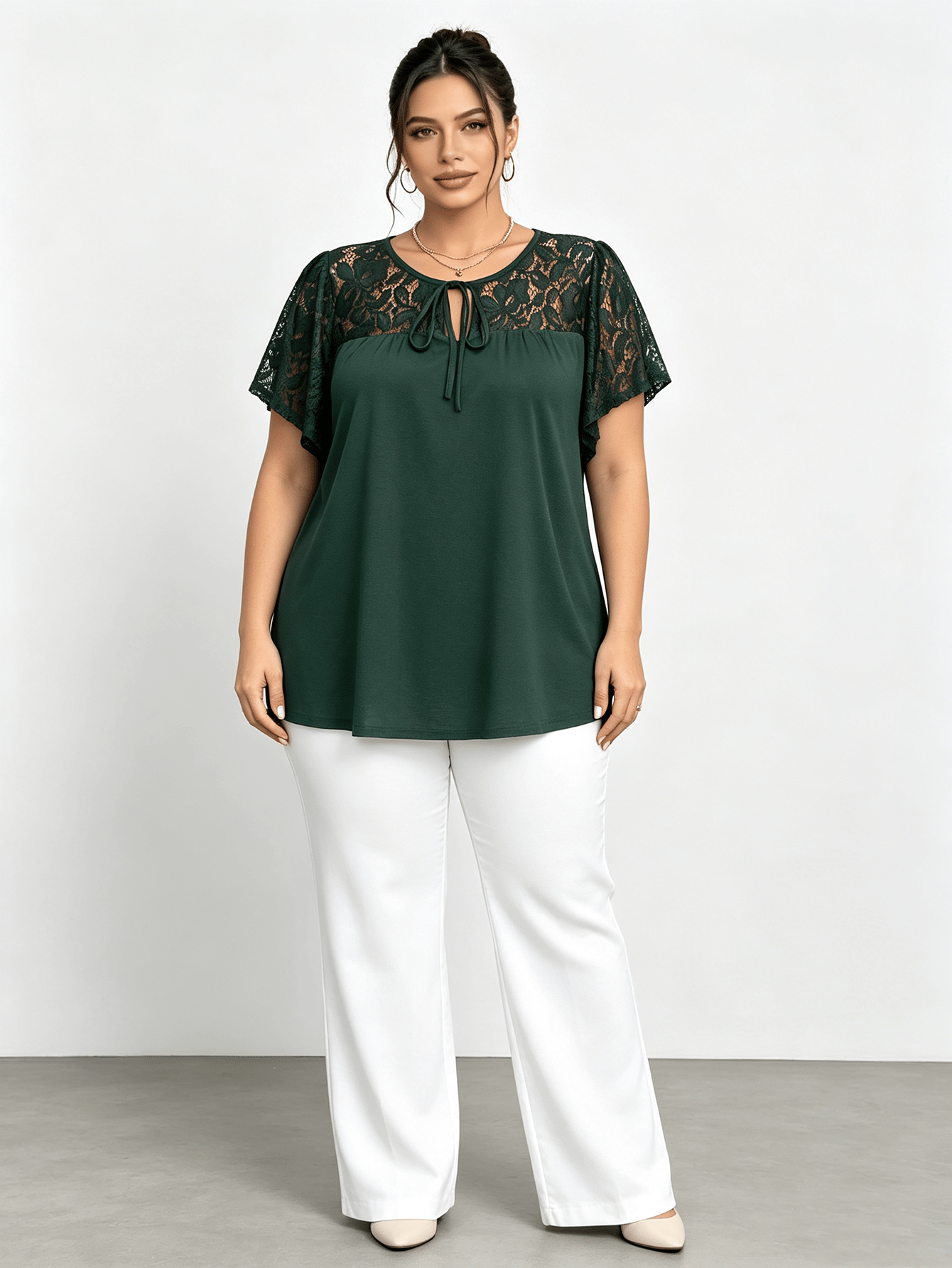 Plus Size Green Lace Sleeve Tunic Top