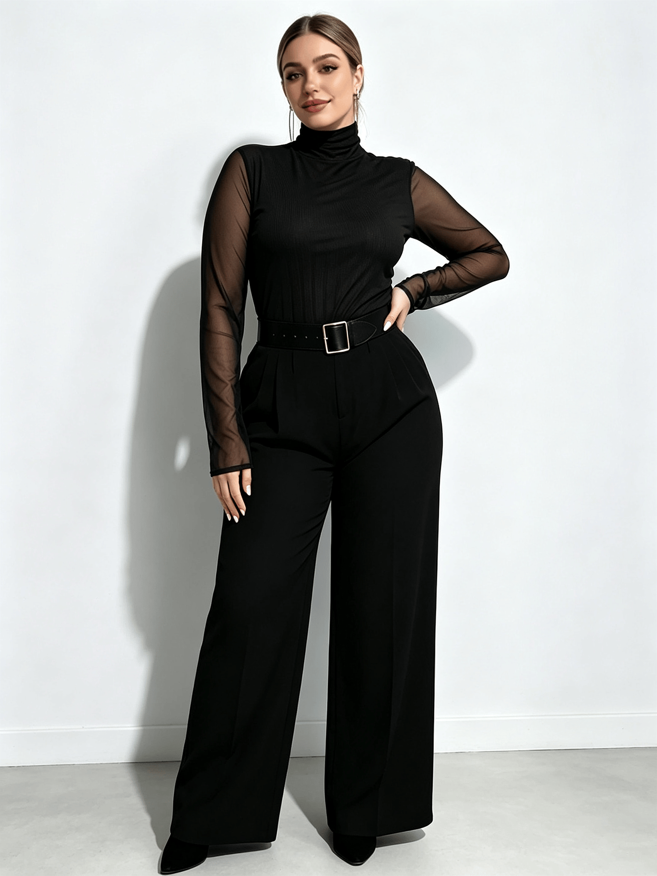 Plus Size Black Mesh Turtleneck Top