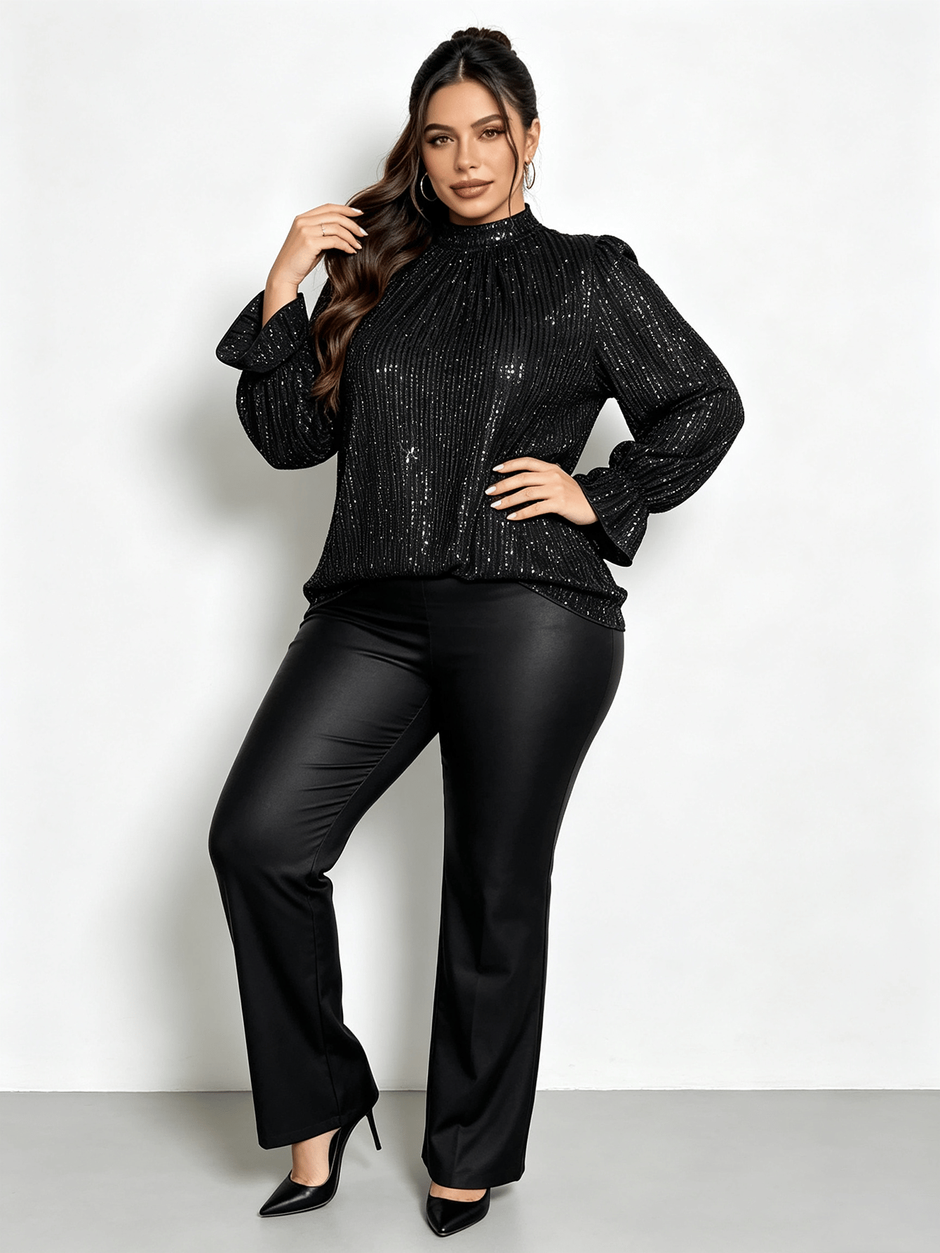 Plus Size Black Sequin High-Neck Blouse