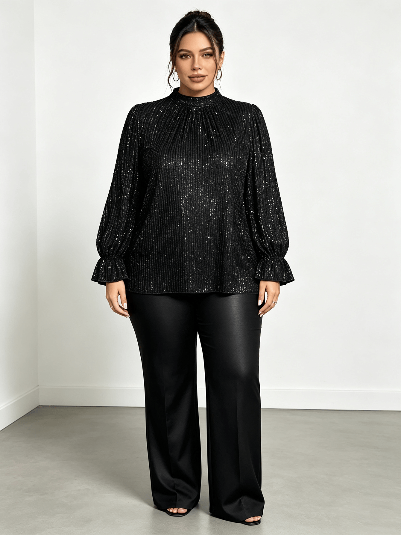 Plus Size Black Sequin High-Neck Blouse
